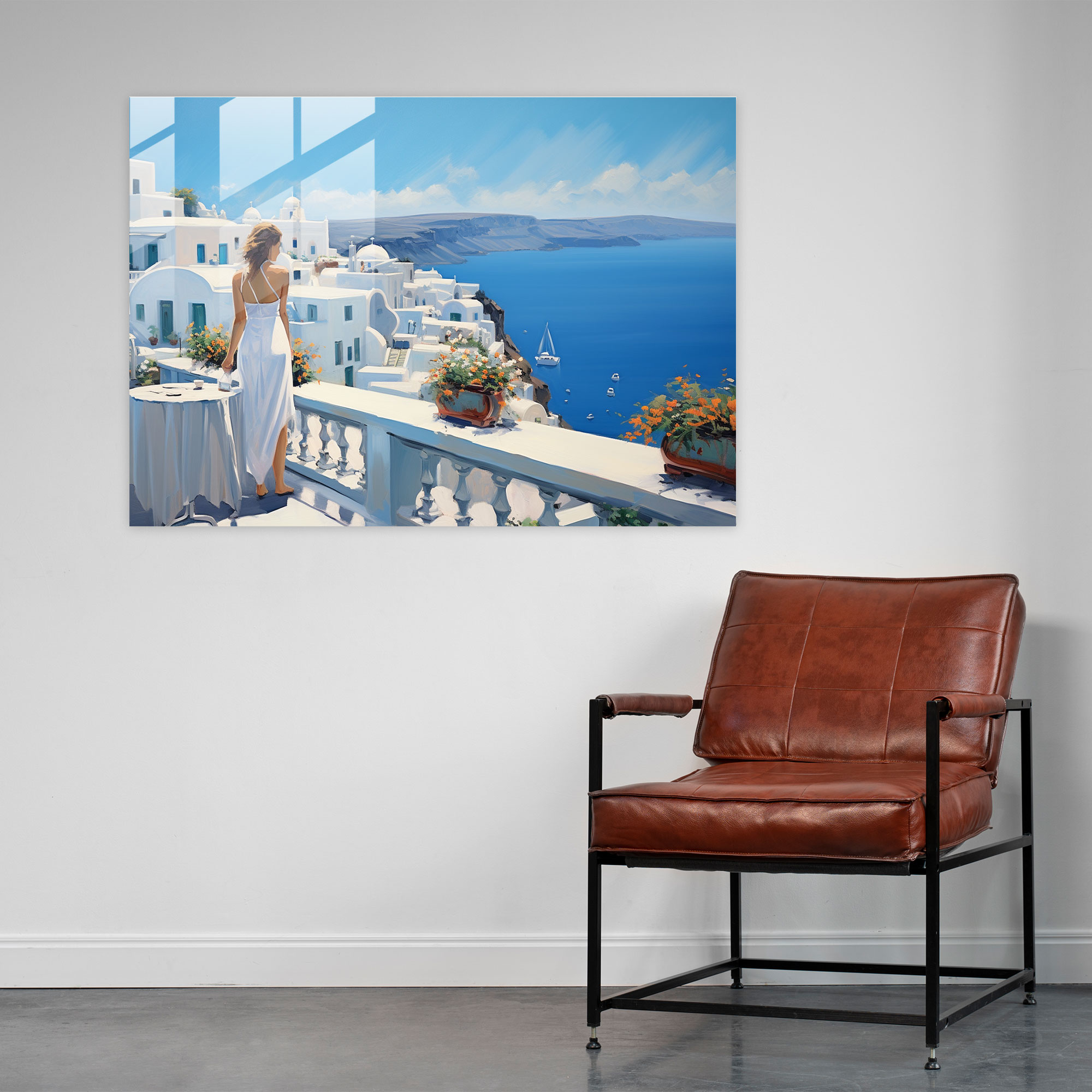 Santorini Glasbild - Zeitgenössisches Landschaftsgemälde - Sonnenverwöhnte Schönheit Zeitgenössisches Ölgemälde