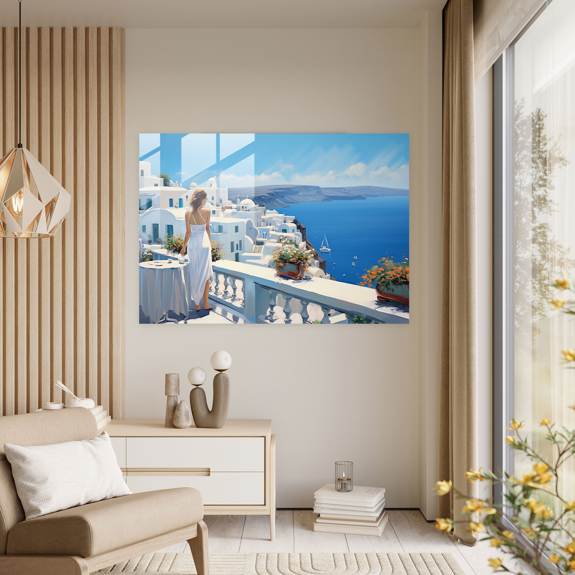 Santorini Glasbild - Zeitgenössisches Landschaftsgemälde - Sonnenverwöhnte Schönheit Zeitgenössisches Ölgemälde