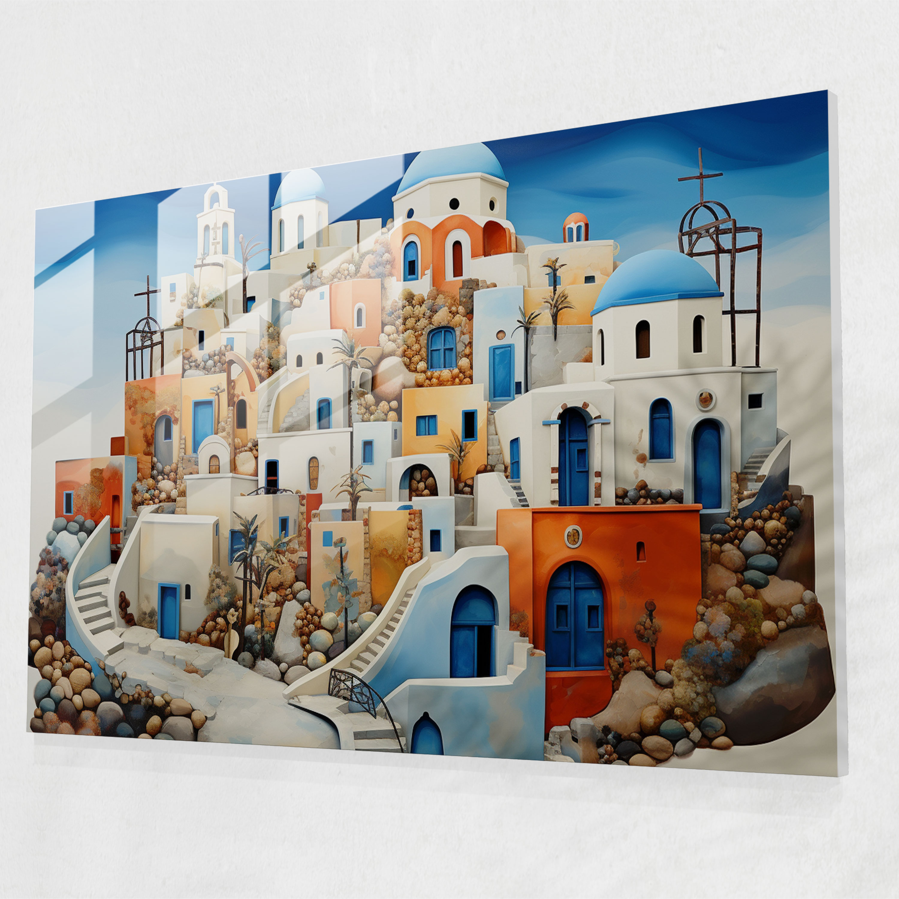 Santorini Home Decoration - Whimsical Mixed Media - Santorini, Whimsical Mixed Media Art, Imagination, Glass Wall Art