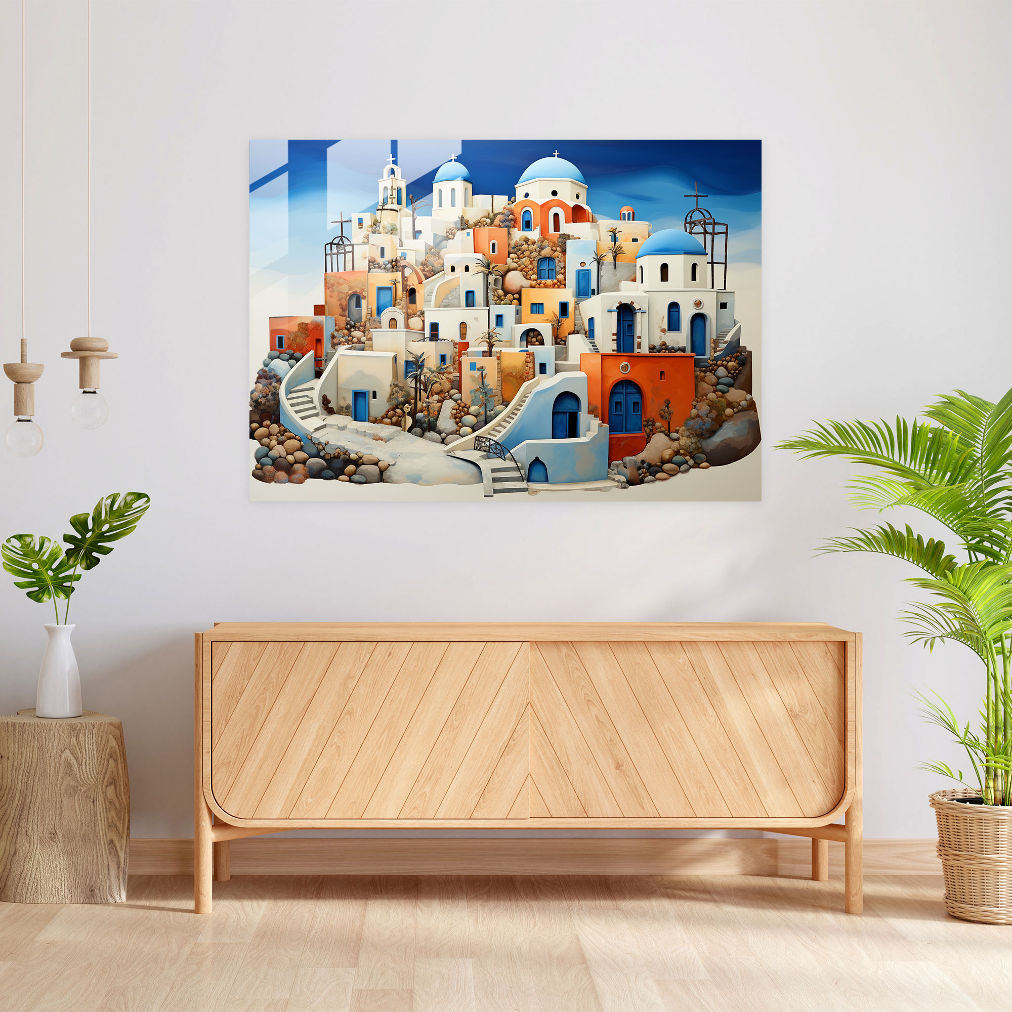 Santorini Home Decoration - Whimsical Mixed Media - Santorini, Whimsical Mixed Media Art, Imagination, Glass Wall Art