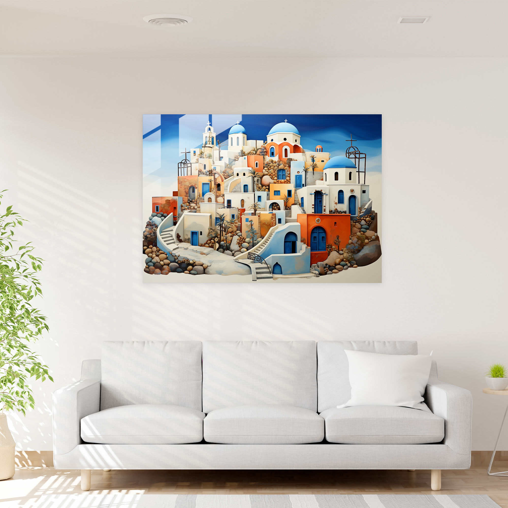 Santorini Home Decoration - Whimsical Mixed Media - Santorini, Whimsical Mixed Media Art, Imagination, Glass Wall Art