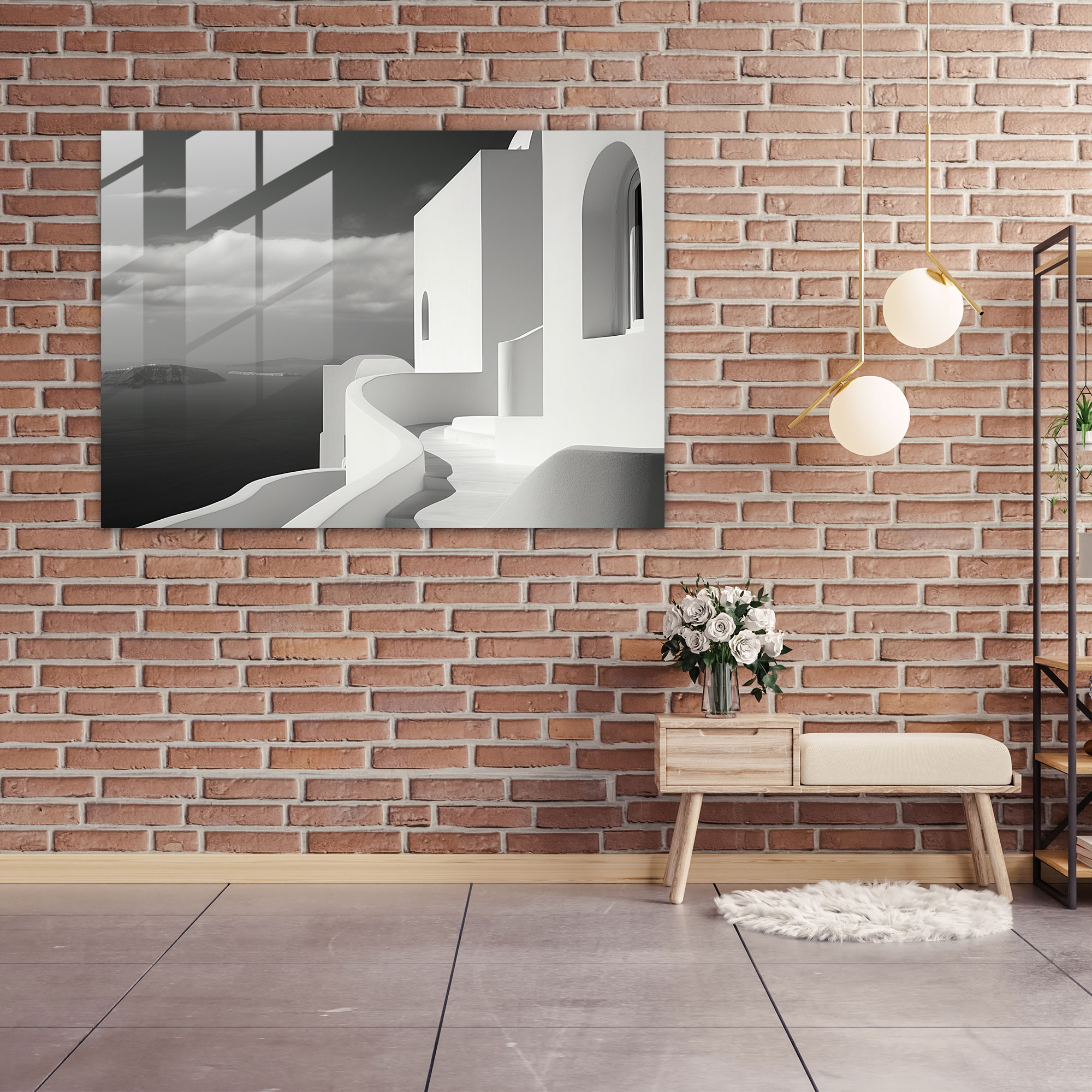 Santorini Wall Decoration - Timeless Black & White Photo - Santorini, Wall Decoration, Glass Art, Architecture