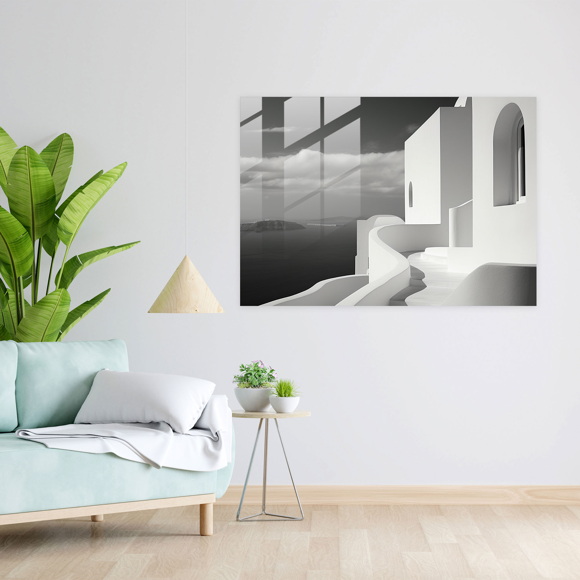 Santorini Wall Decoration - Timeless Black & White Photo - Santorini, Wall Decoration, Glass Art, Architecture