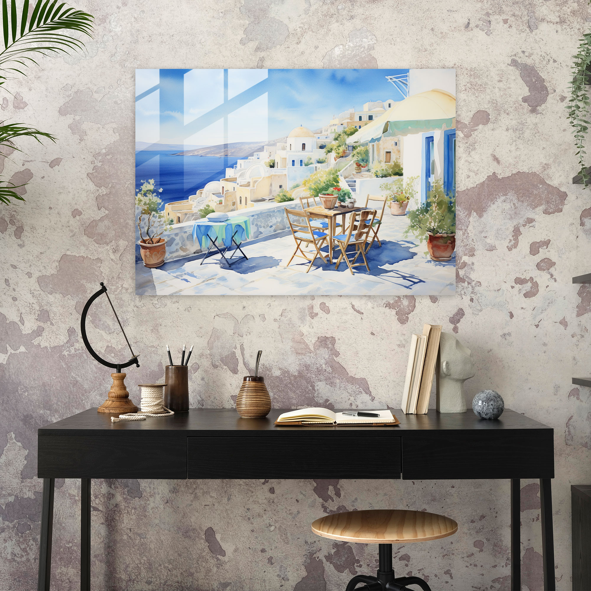 Santorini Glasbild - Friedvolles Aquarell - Santorini Santorini Friedvolles Aquarell Gemälde Wohn-Dekoration