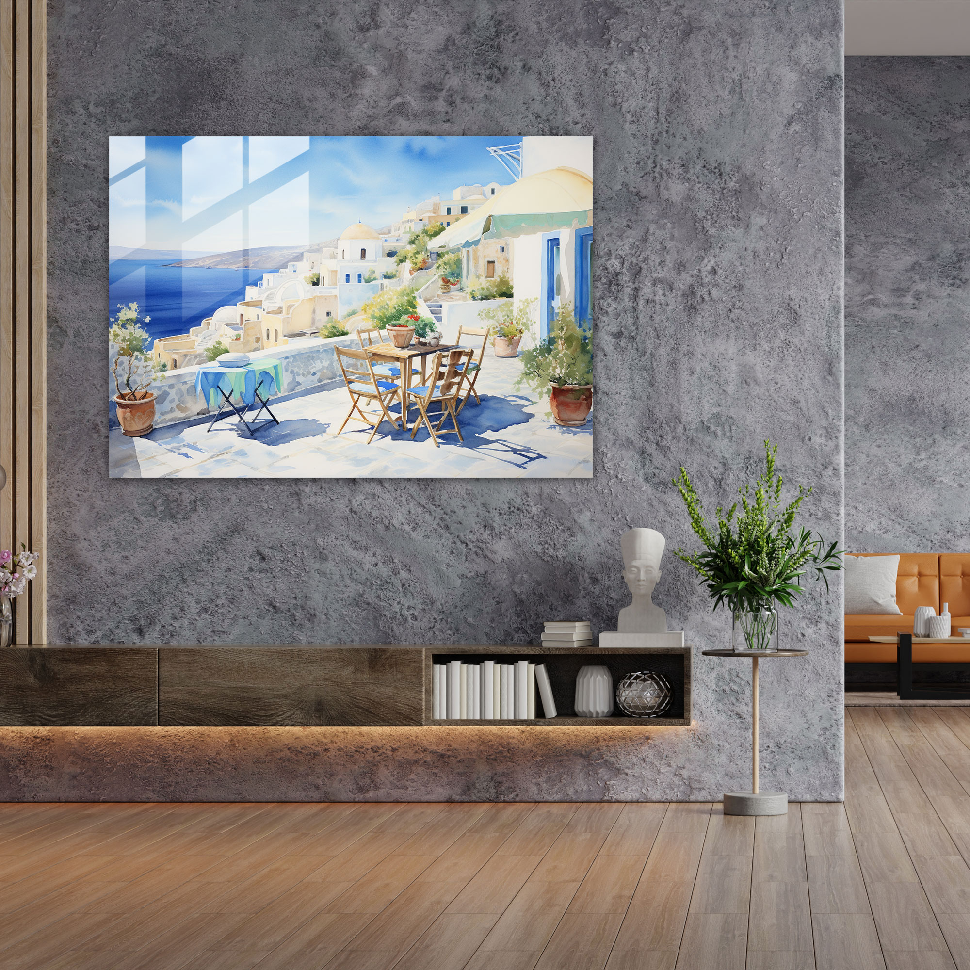 Santorini Glasbild - Friedvolles Aquarell - Santorini Santorini Friedvolles Aquarell Gemälde Wohn-Dekoration