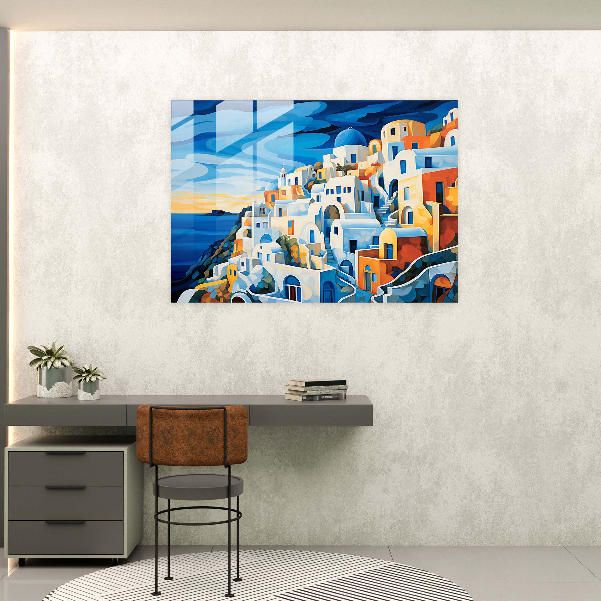 Santorini Glass Print - Santorini, Home Decoration, Abstract Acrylic Painting, Glass Art