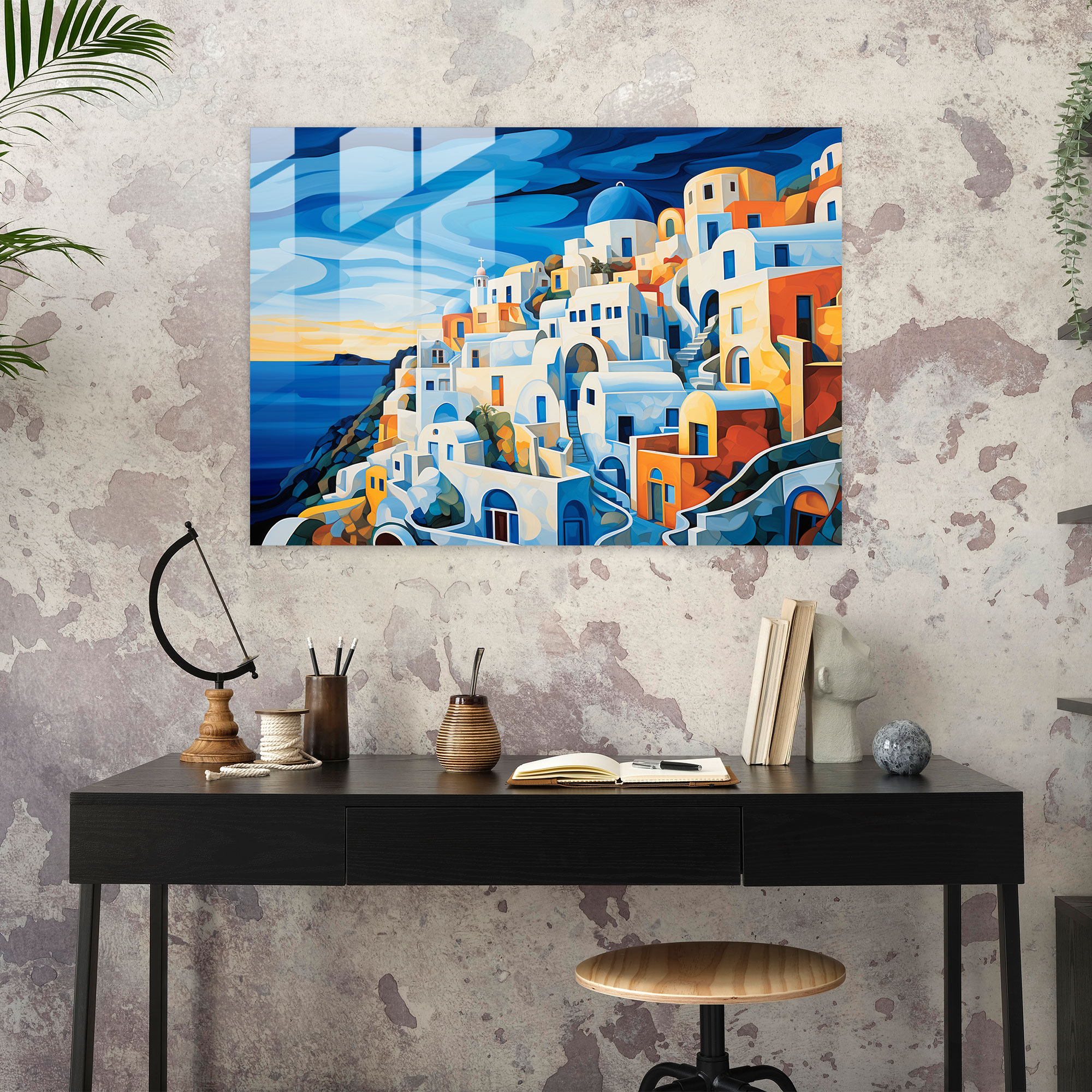 Santorini Glass Print - Santorini, Home Decoration, Abstract Acrylic Painting, Glass Art
