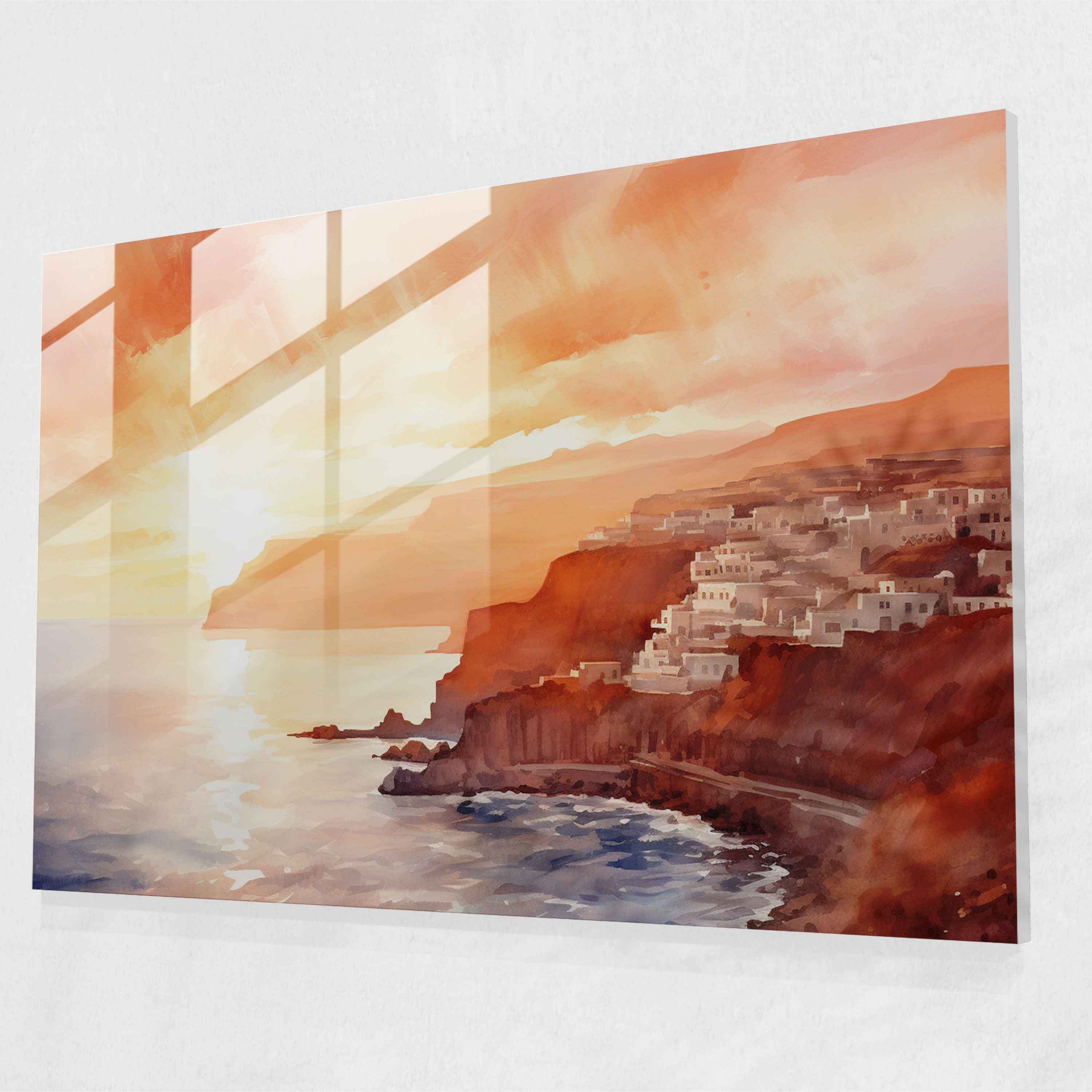 Santorini Glass Wall Art - Santorini, Wall Decoration, Delicate Brushstrokes, Modern Art