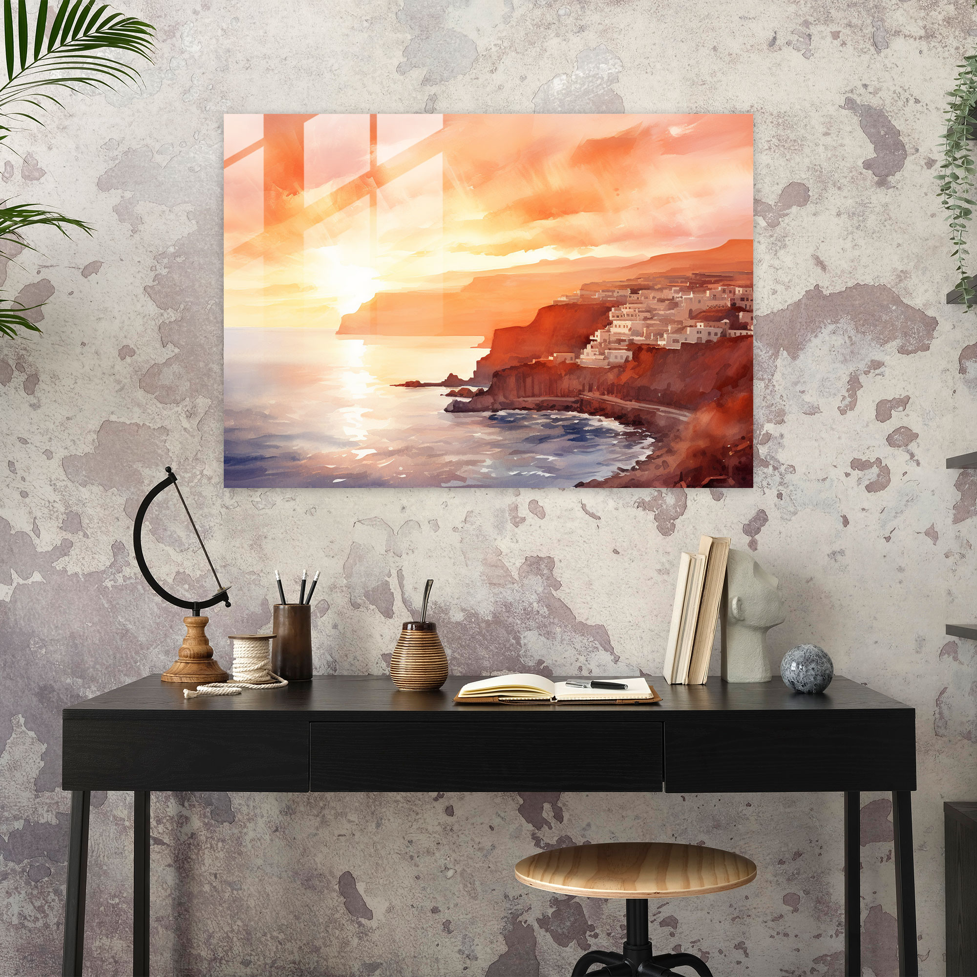 Santorini Glass Wall Art - Santorini, Wall Decoration, Delicate Brushstrokes, Modern Art