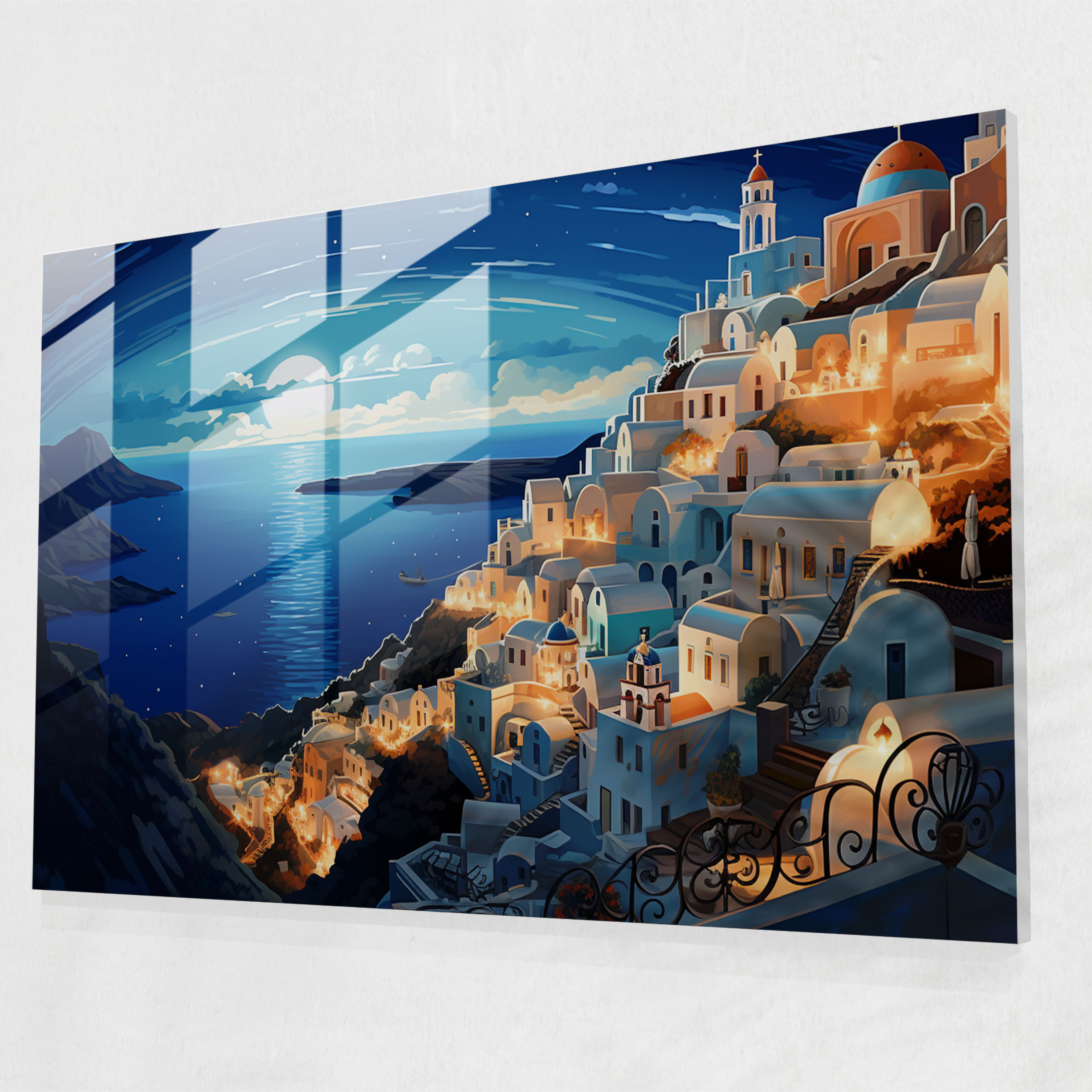 Santorini Modern Art Glass Print - Santorini, Modern Art, Starry Night Sky, Glass Wall Art