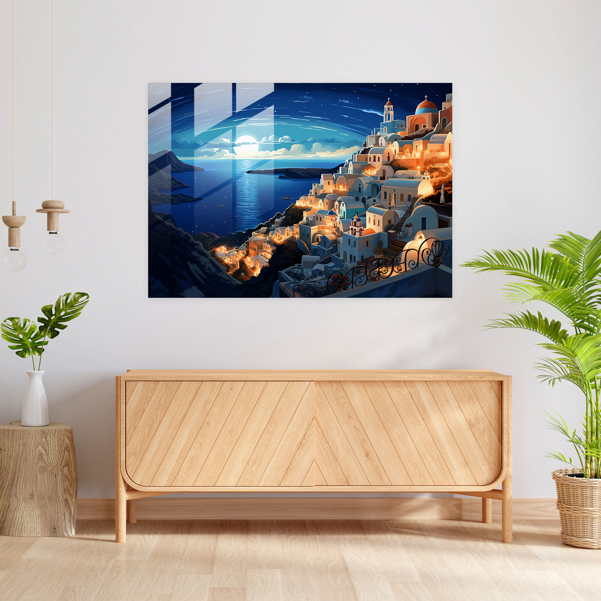 Santorini Modern Art Glass Print - Santorini, Modern Art, Starry Night Sky, Glass Wall Art