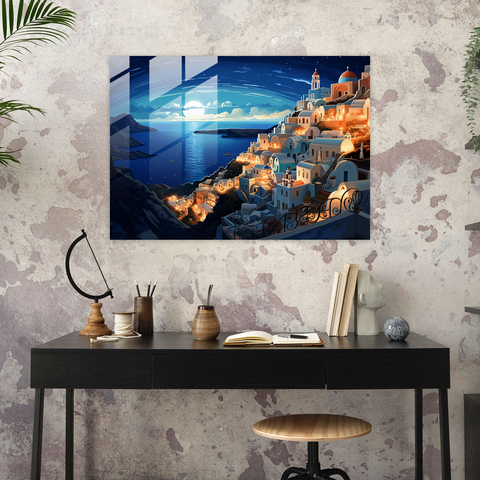 Santorini Modern Art Glass Print - Santorini, Modern Art, Starry Night Sky, Glass Wall Art
