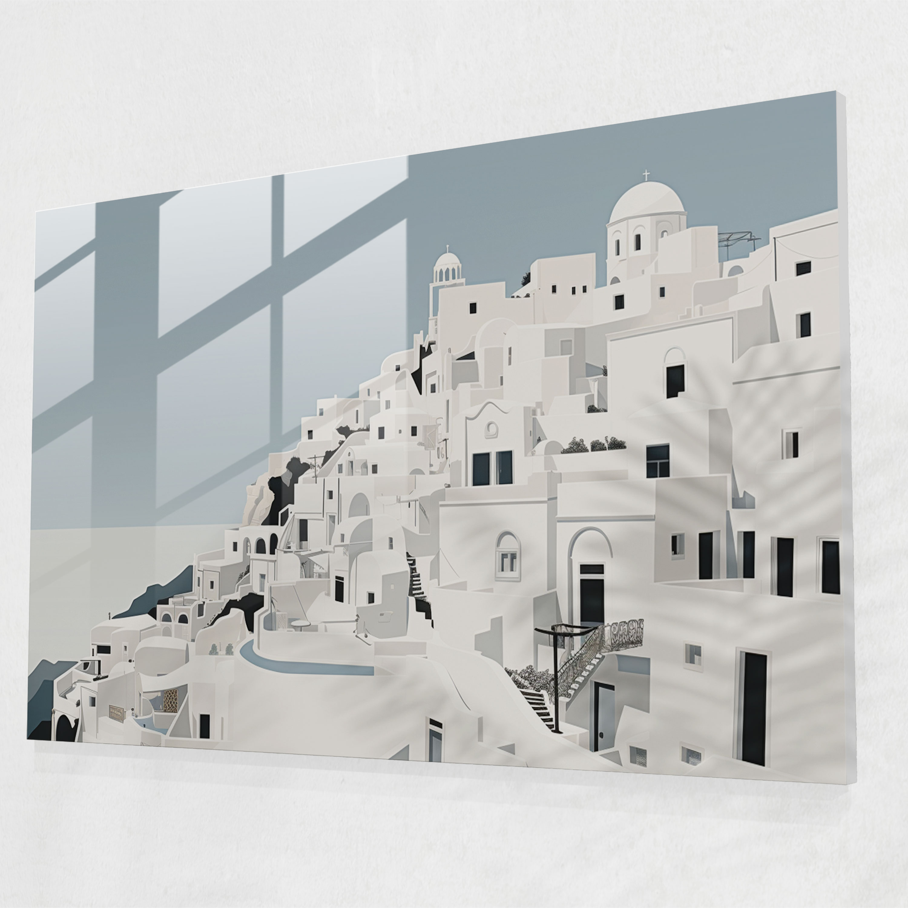 Santorini Glass Art - Santorini, Glass Wall Art, Contrasting Shades, Glass Print