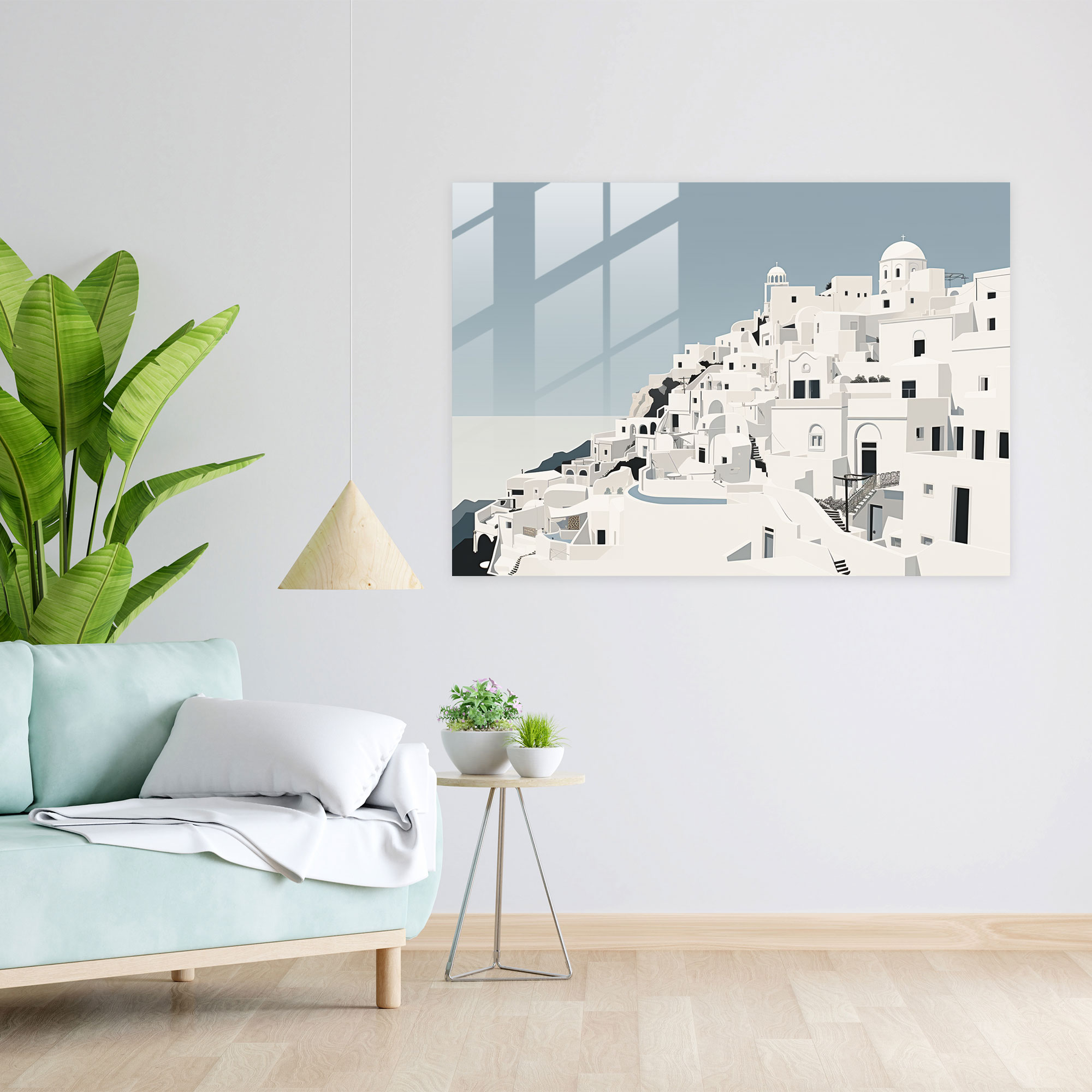 Santorini Glass Art - Santorini, Glass Wall Art, Contrasting Shades, Glass Print