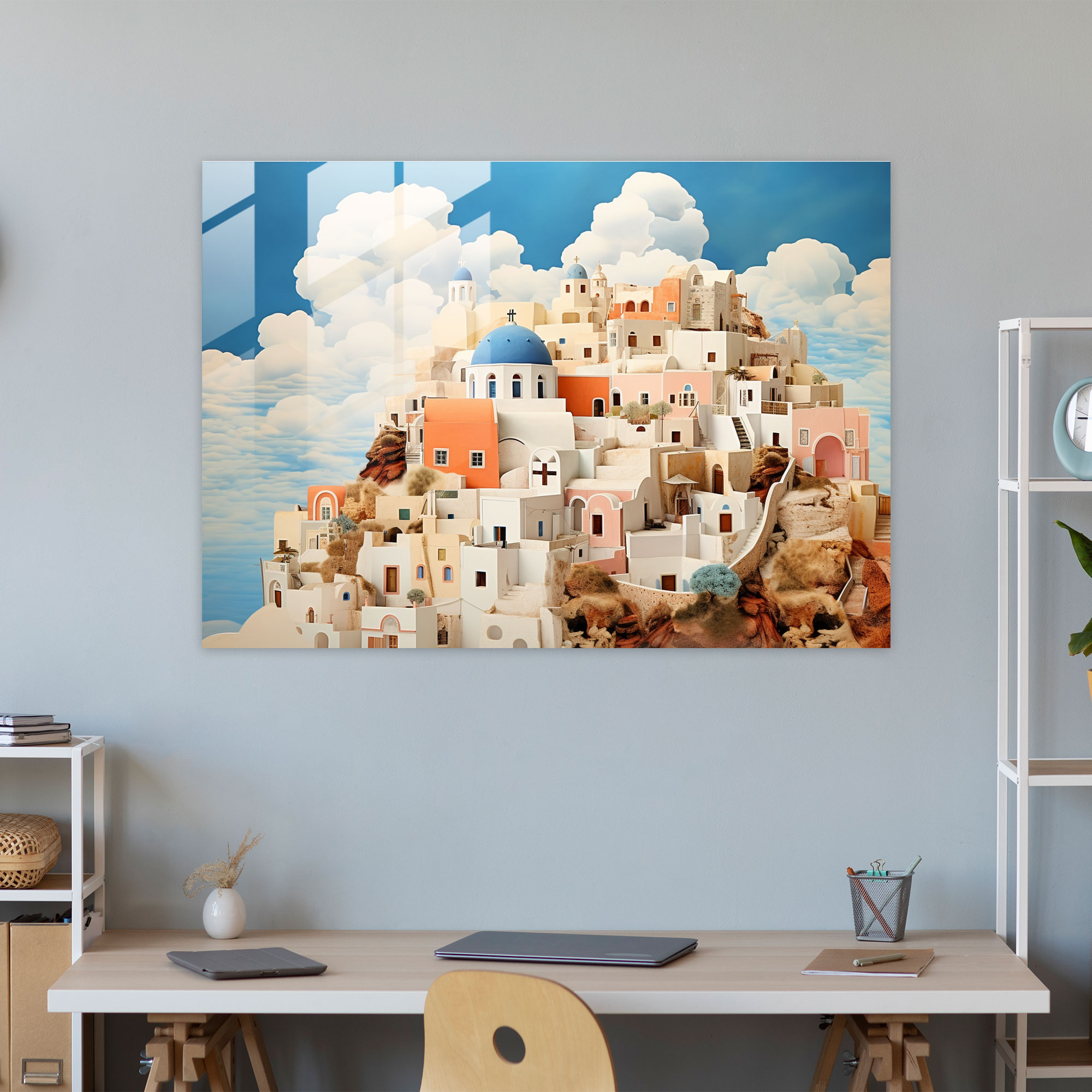 Santorini Glass Print: Dreamlike Reflections - Santorini, Dreamlike Elements, Wall Decoration, Home Decoration