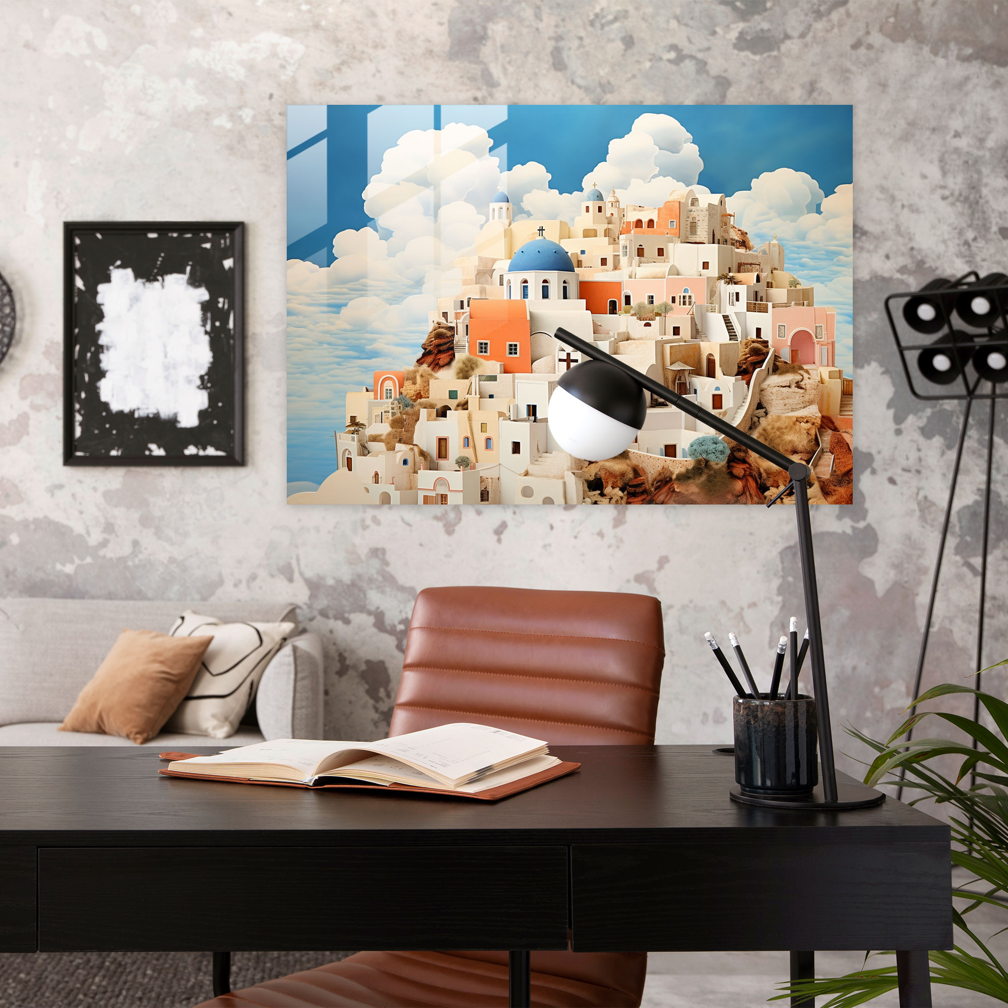 Santorini Glass Print: Dreamlike Reflections - Santorini, Dreamlike Elements, Wall Decoration, Home Decoration