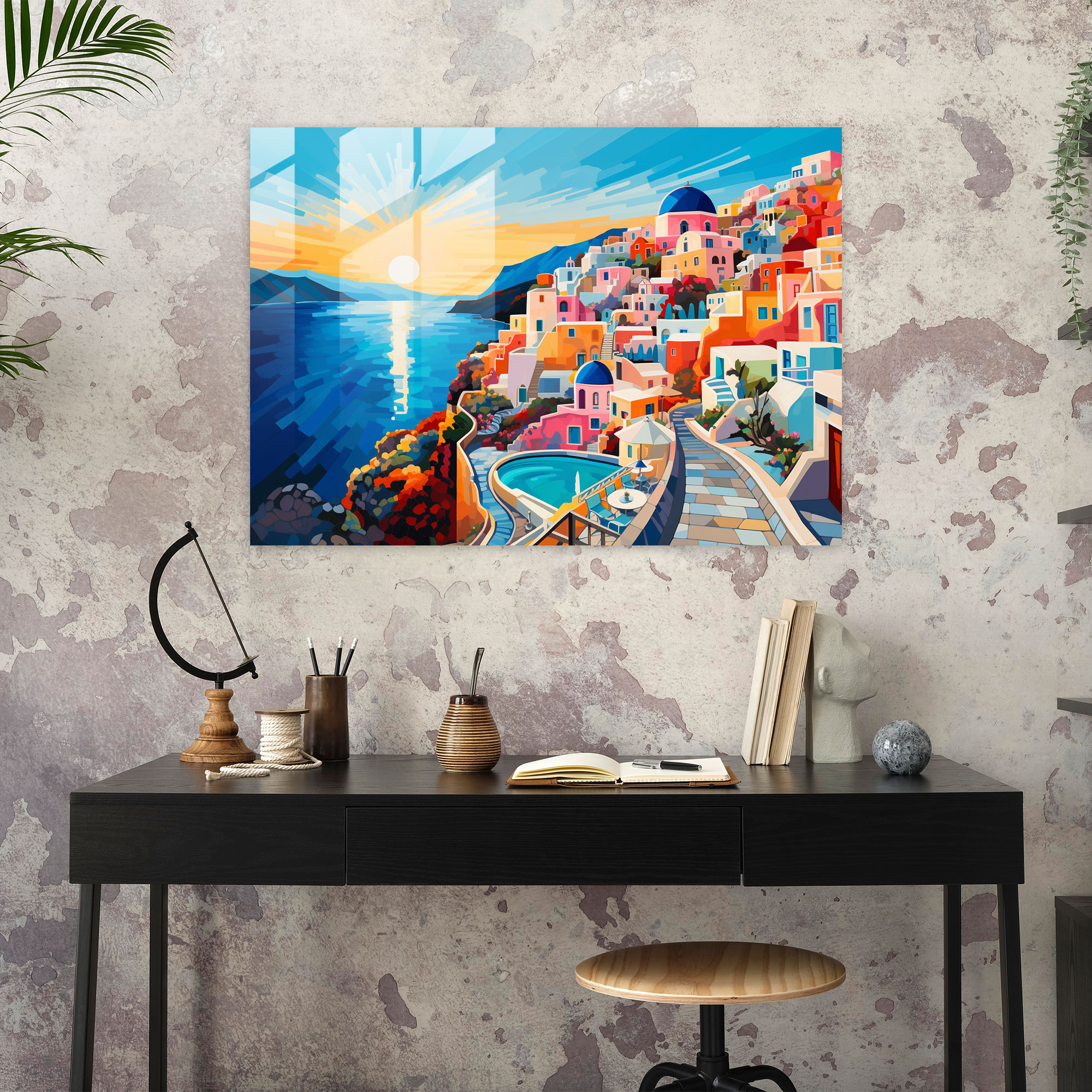 Santorini Glass Wall Decoration: Pop Art Vibes - Santorini, Glass Print, Modern Art, Vibrant Compositions