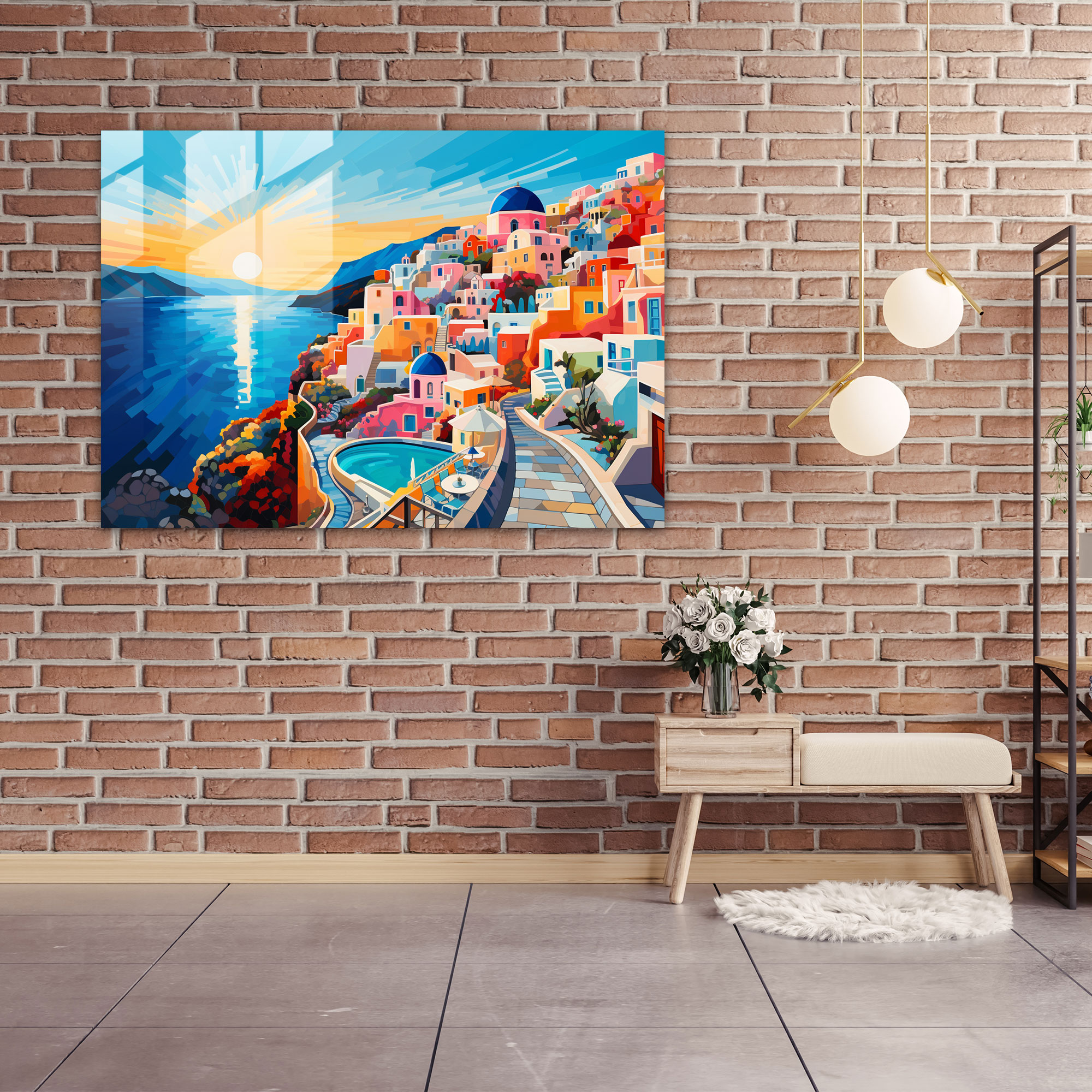 Santorini Glass Wall Decoration: Pop Art Vibes - Santorini, Glass Print, Modern Art, Vibrant Compositions