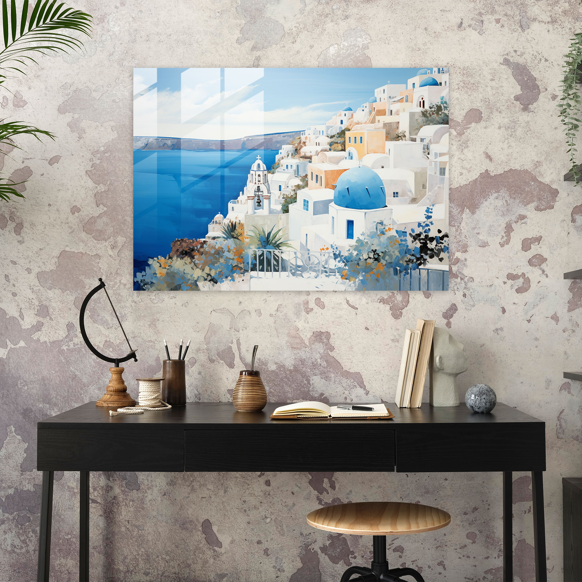 Santorini Glass Print: Luxe Landscapes - Santorini, Modern Luxury, Metallic Accents, Wall Decoration