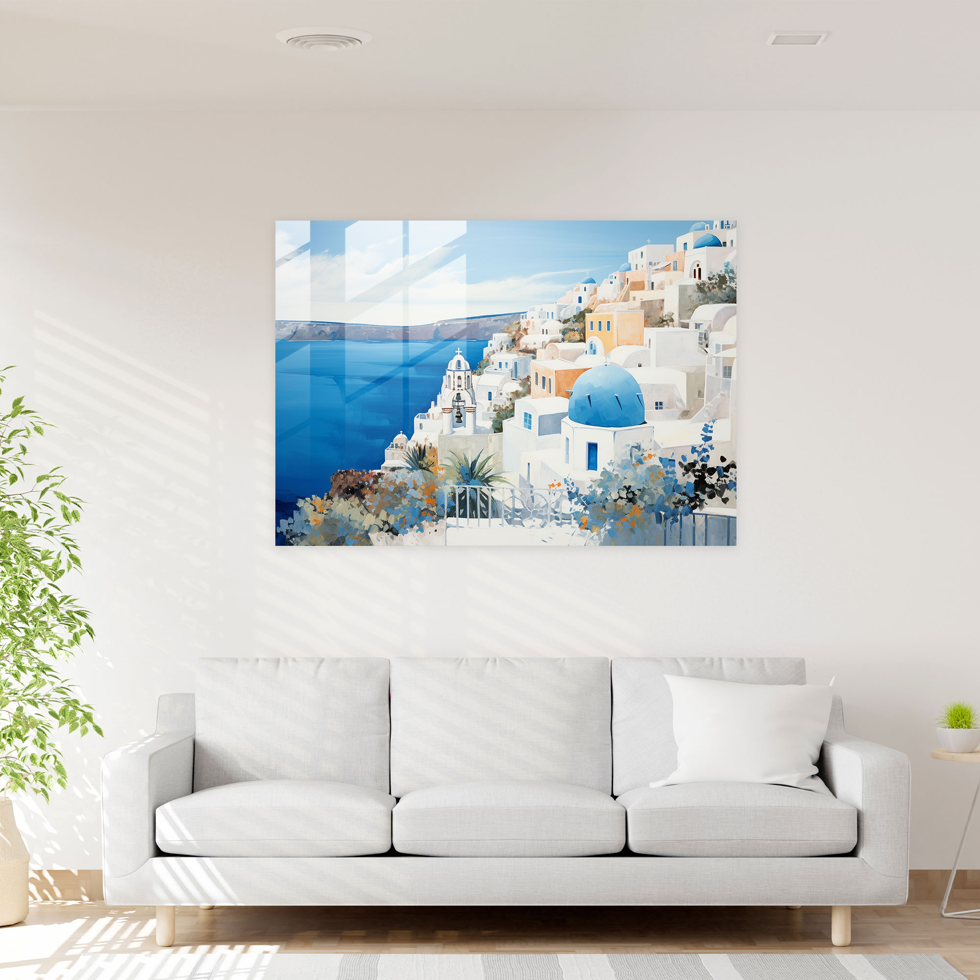 Santorini Glass Print: Luxe Landscapes - Santorini, Modern Luxury, Metallic Accents, Wall Decoration