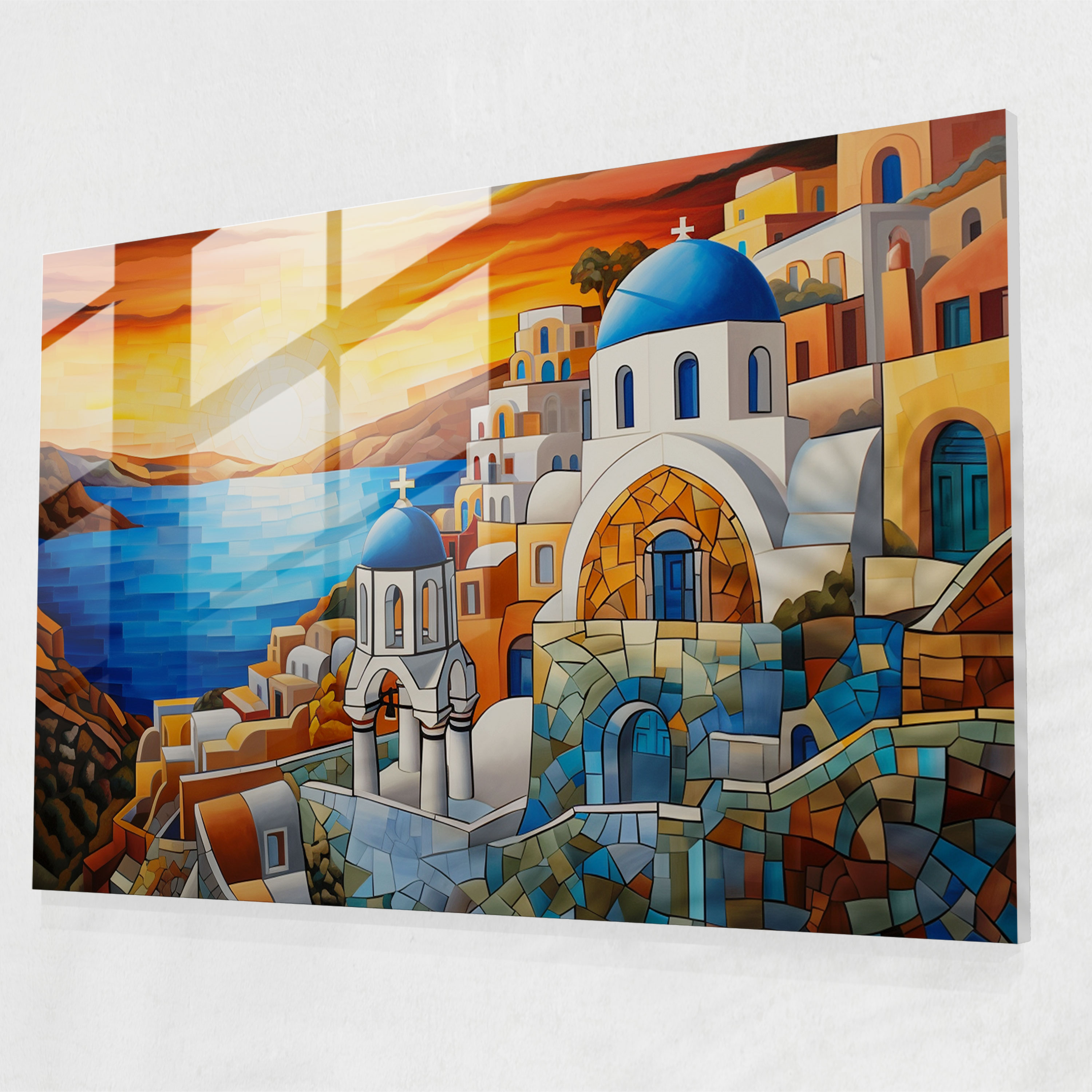 Santorini Stained Glass Wall Art - Santorini, Glass Art, Home Decoration, Glass Wall Art