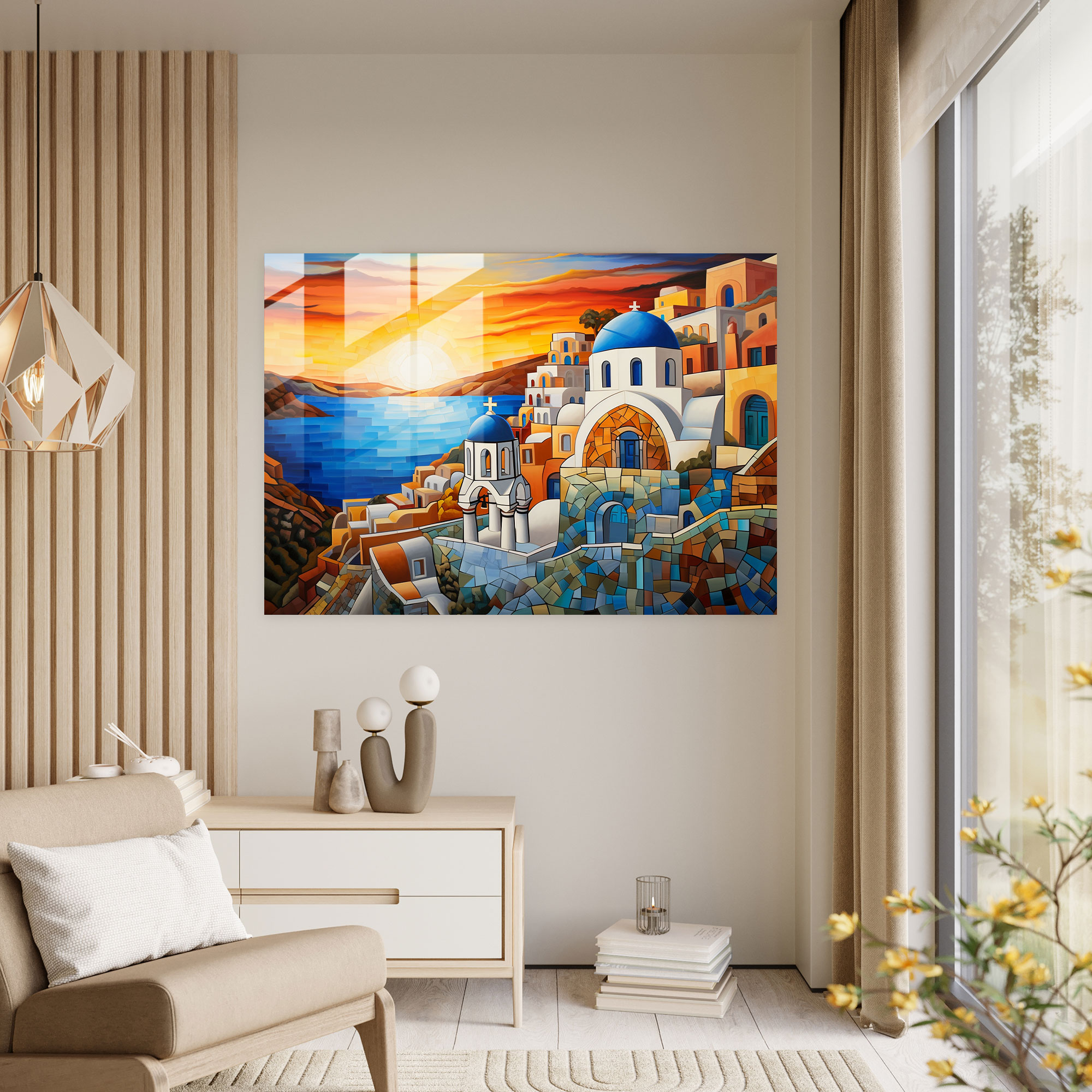 Santorini Stained Glass Wall Art - Santorini, Glass Art, Home Decoration, Glass Wall Art