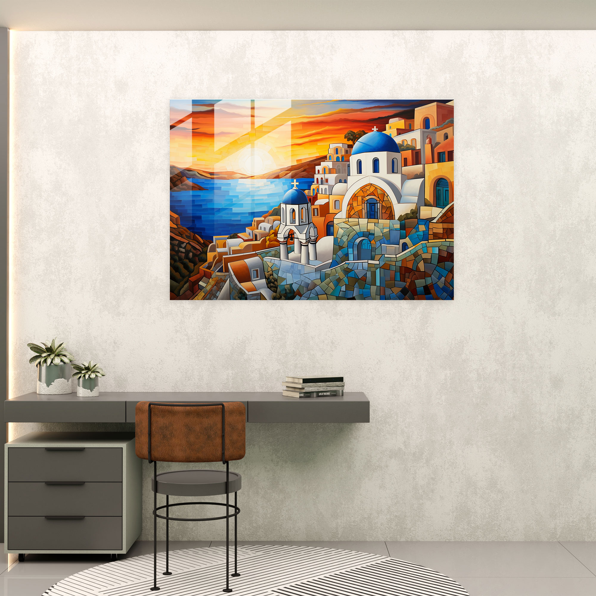 Santorini Stained Glass Wall Art - Santorini, Glass Art, Home Decoration, Glass Wall Art