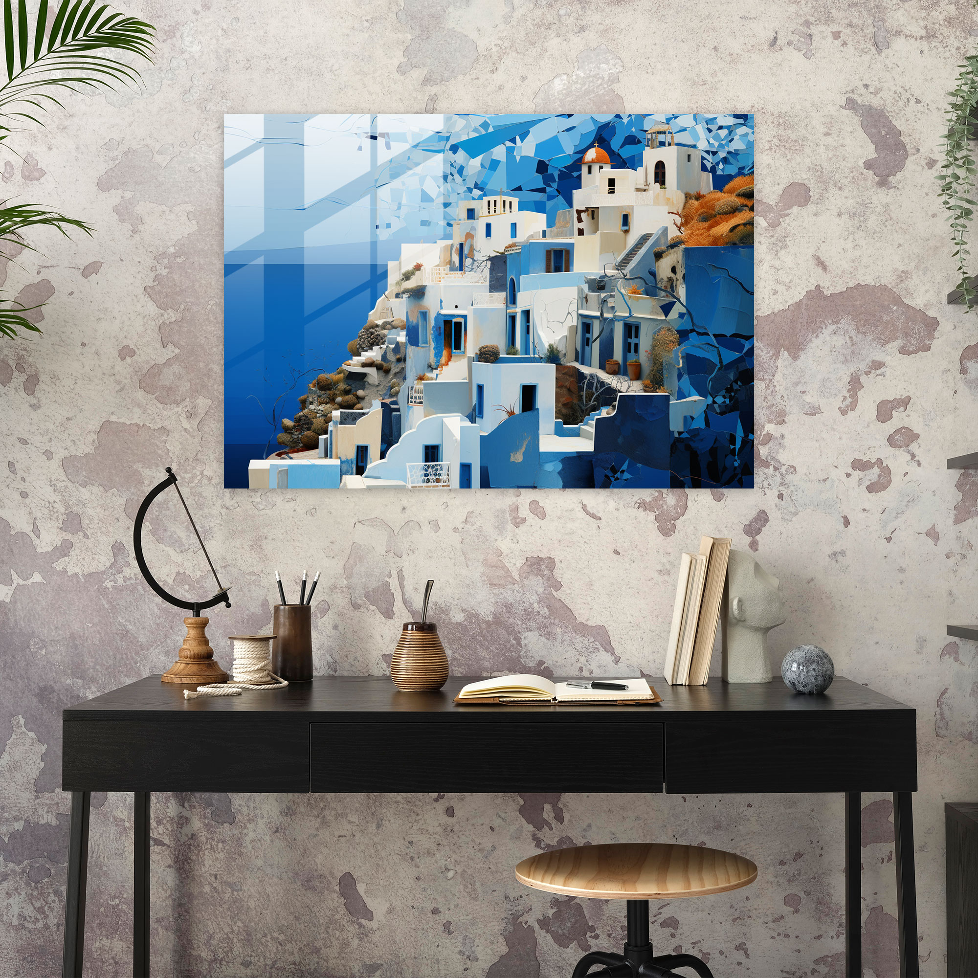 Santorini Digitale Collage Glasbild - Moderne Kunst Tiefblaues Meer