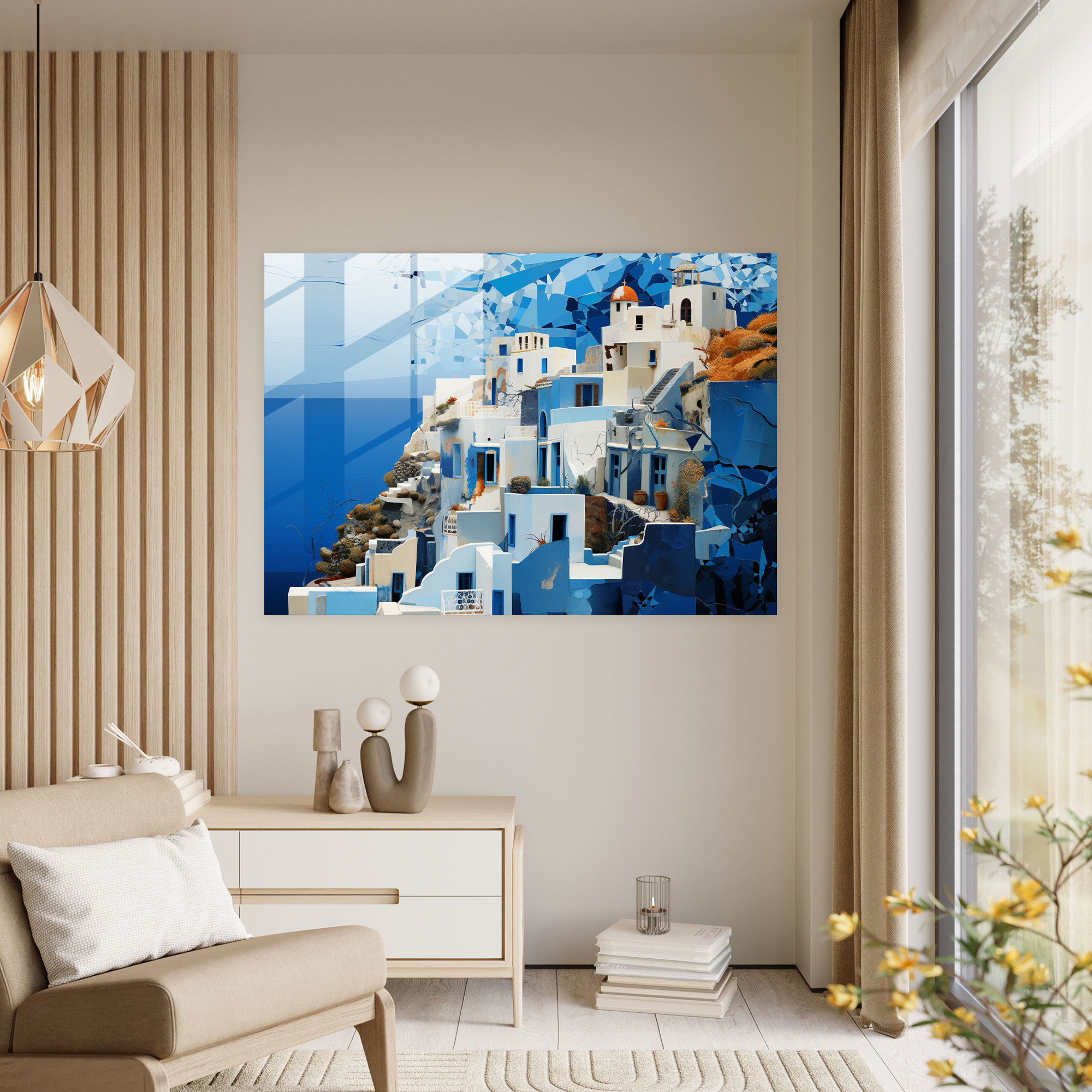 Santorini Digitale Collage Glasbild - Moderne Kunst Tiefblaues Meer