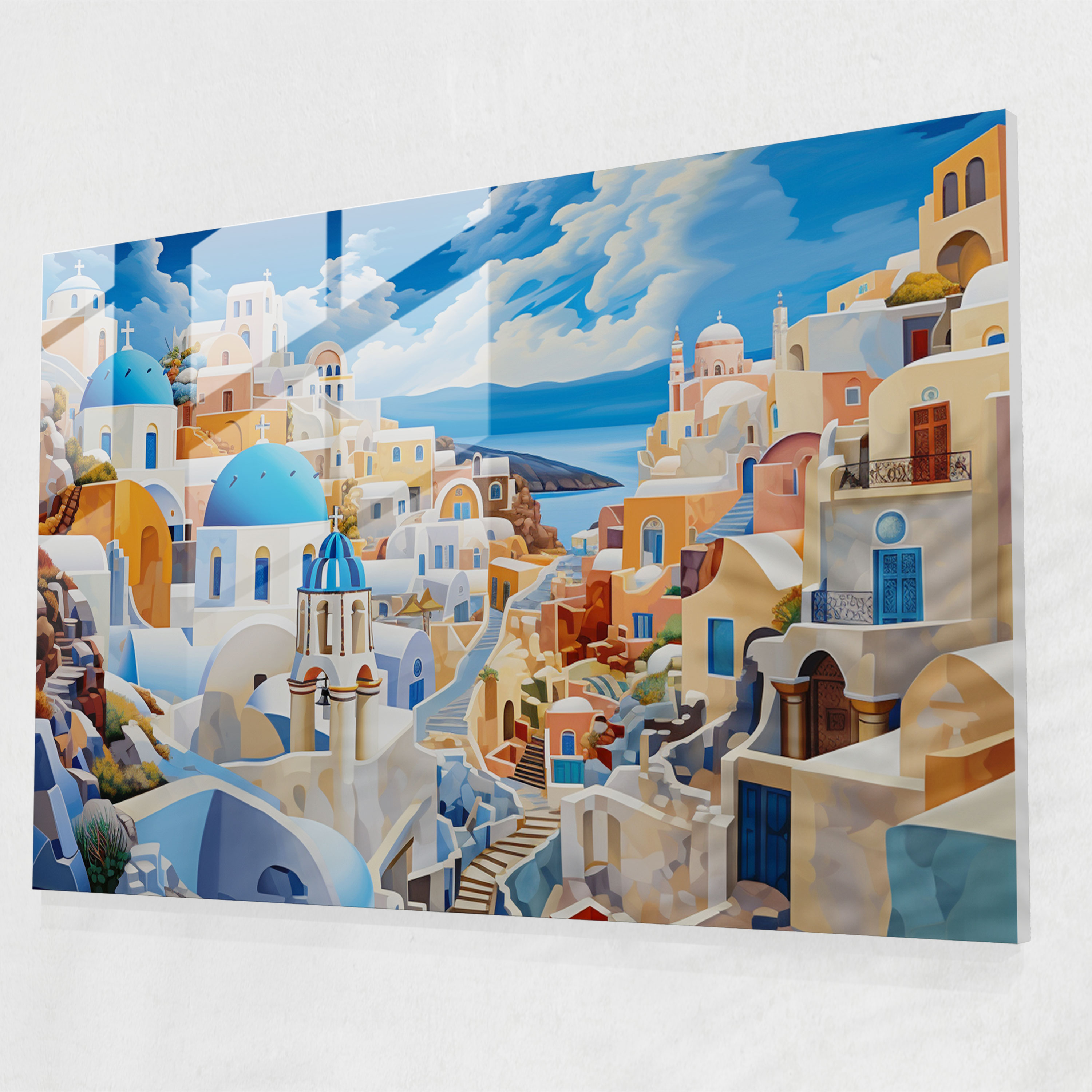 Santorini Surreal Oil Painting Glass Print - Santorini, Home Decoration, Santorini, Famous Caldera