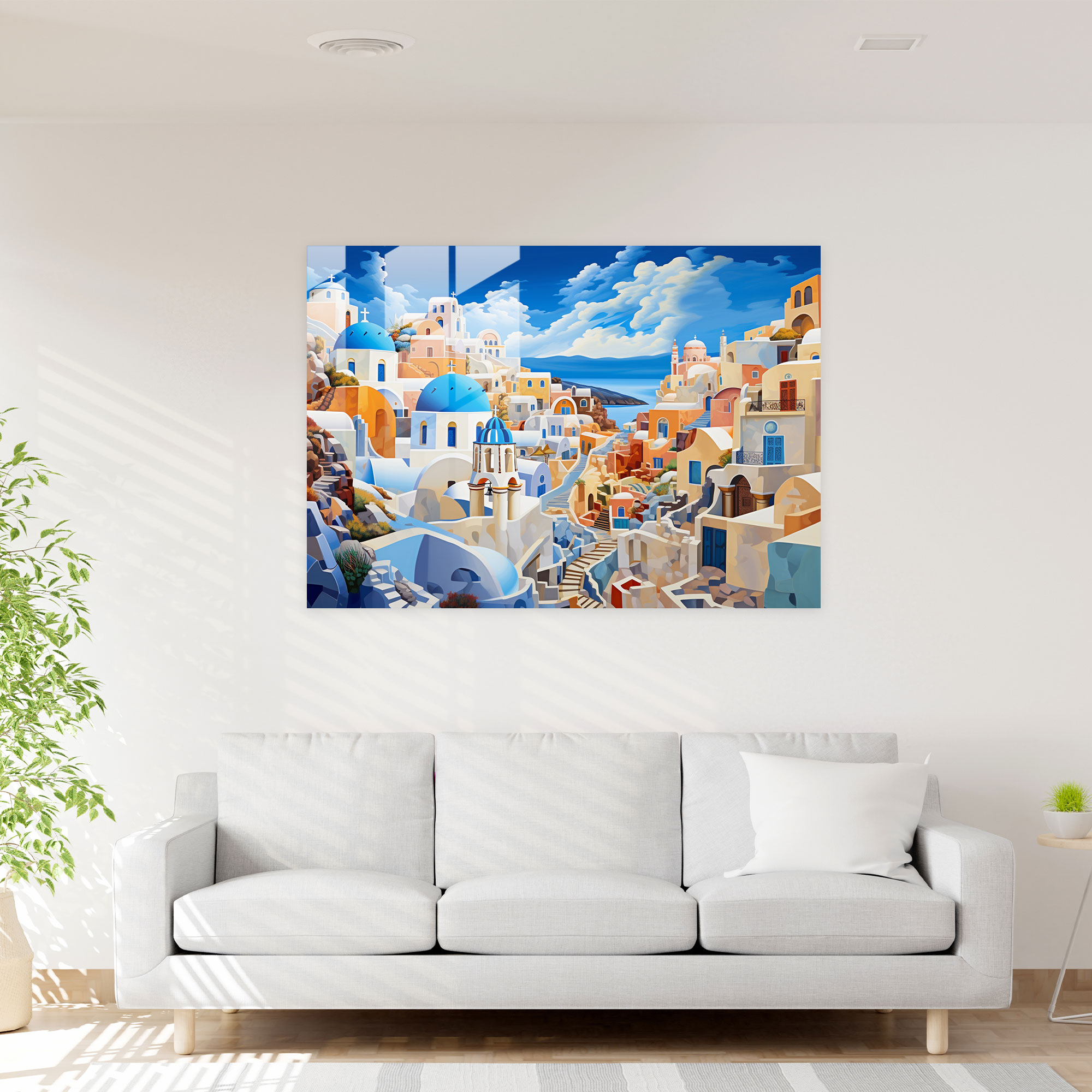 Santorini Surreal Oil Painting Glass Print - Santorini, Home Decoration, Santorini, Famous Caldera