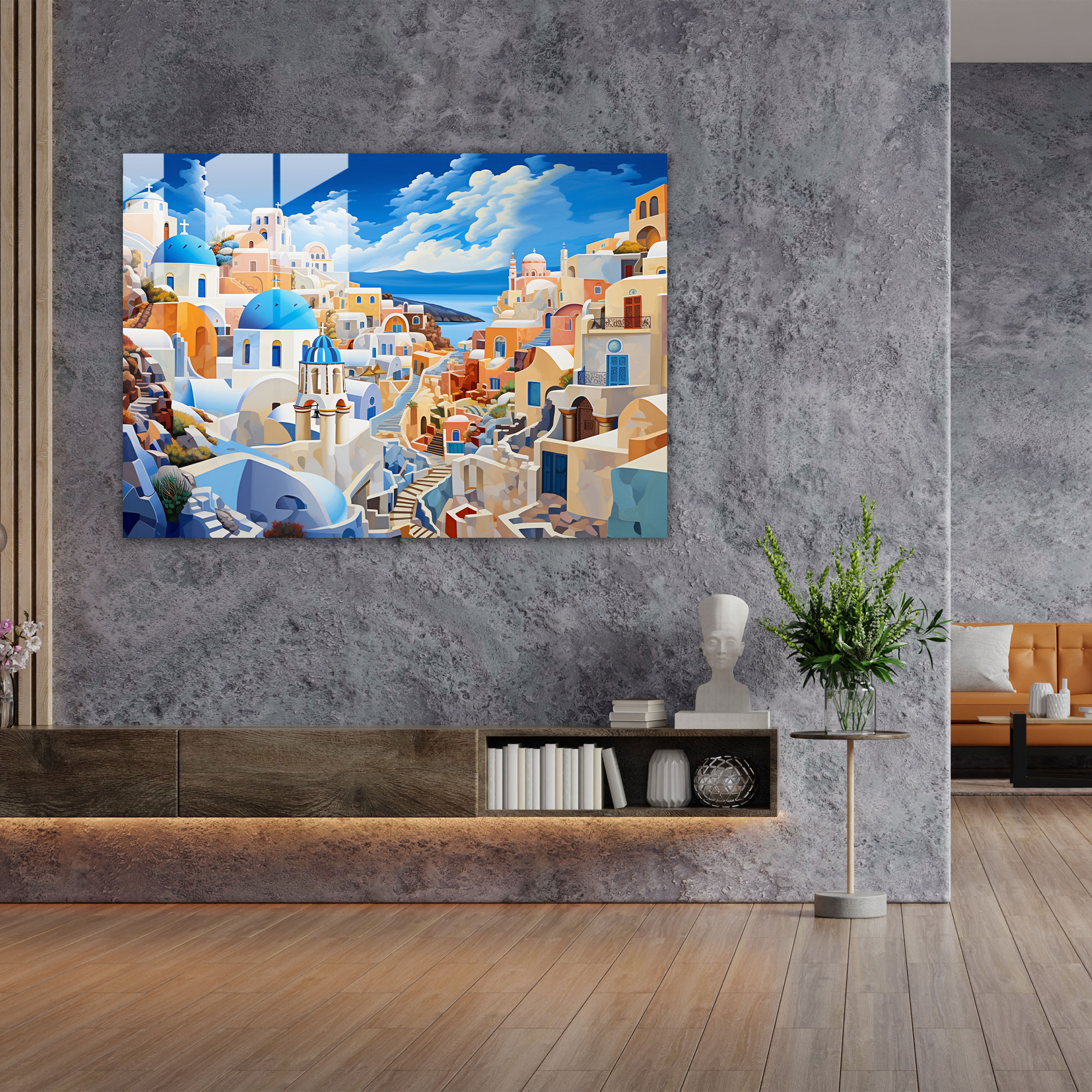Santorini Surreal Oil Painting Glass Print - Santorini, Home Decoration, Santorini, Famous Caldera