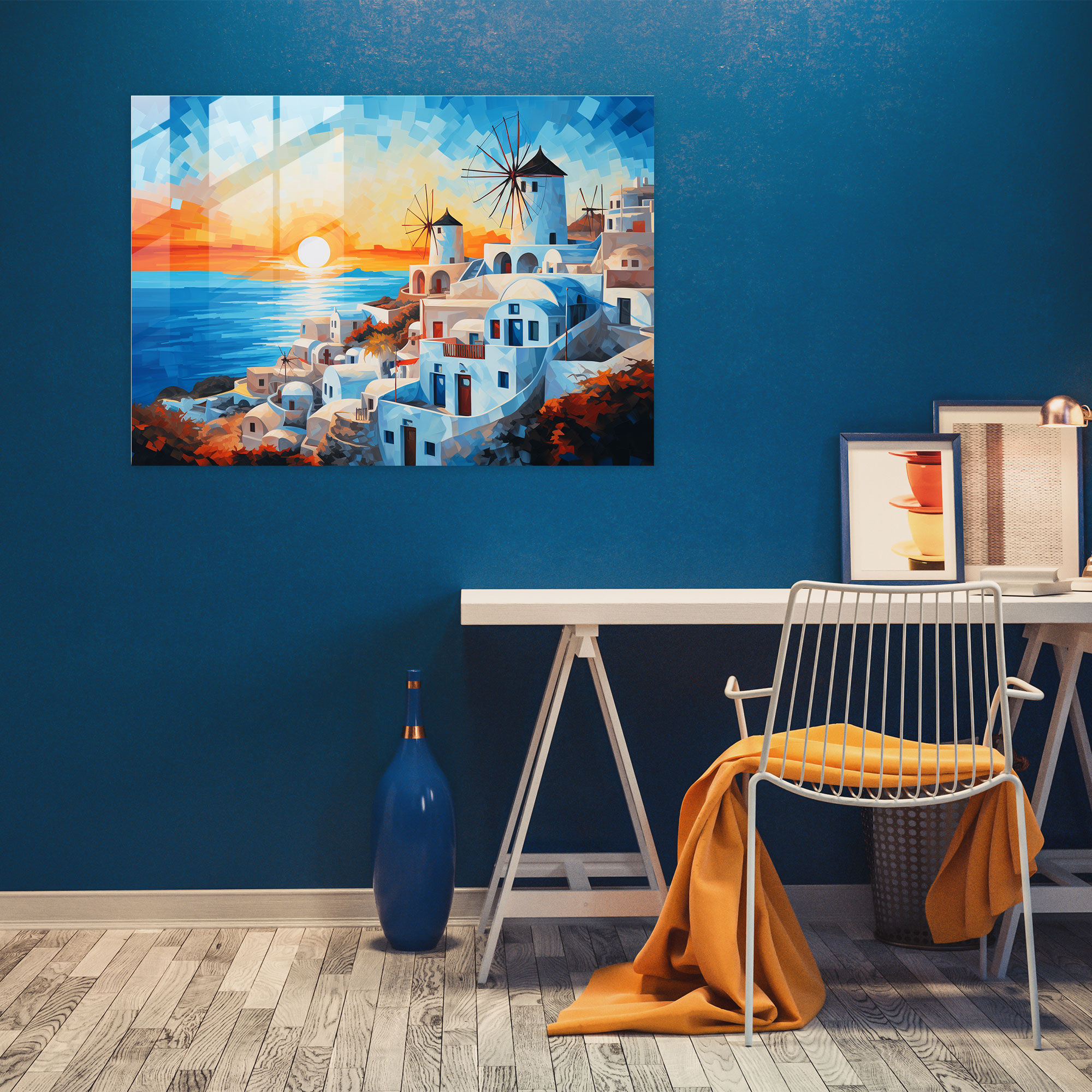 Santorini Contemporary Art Glass Print - Santorini, Abstract Flair, Iconic Windmills, Glass Print