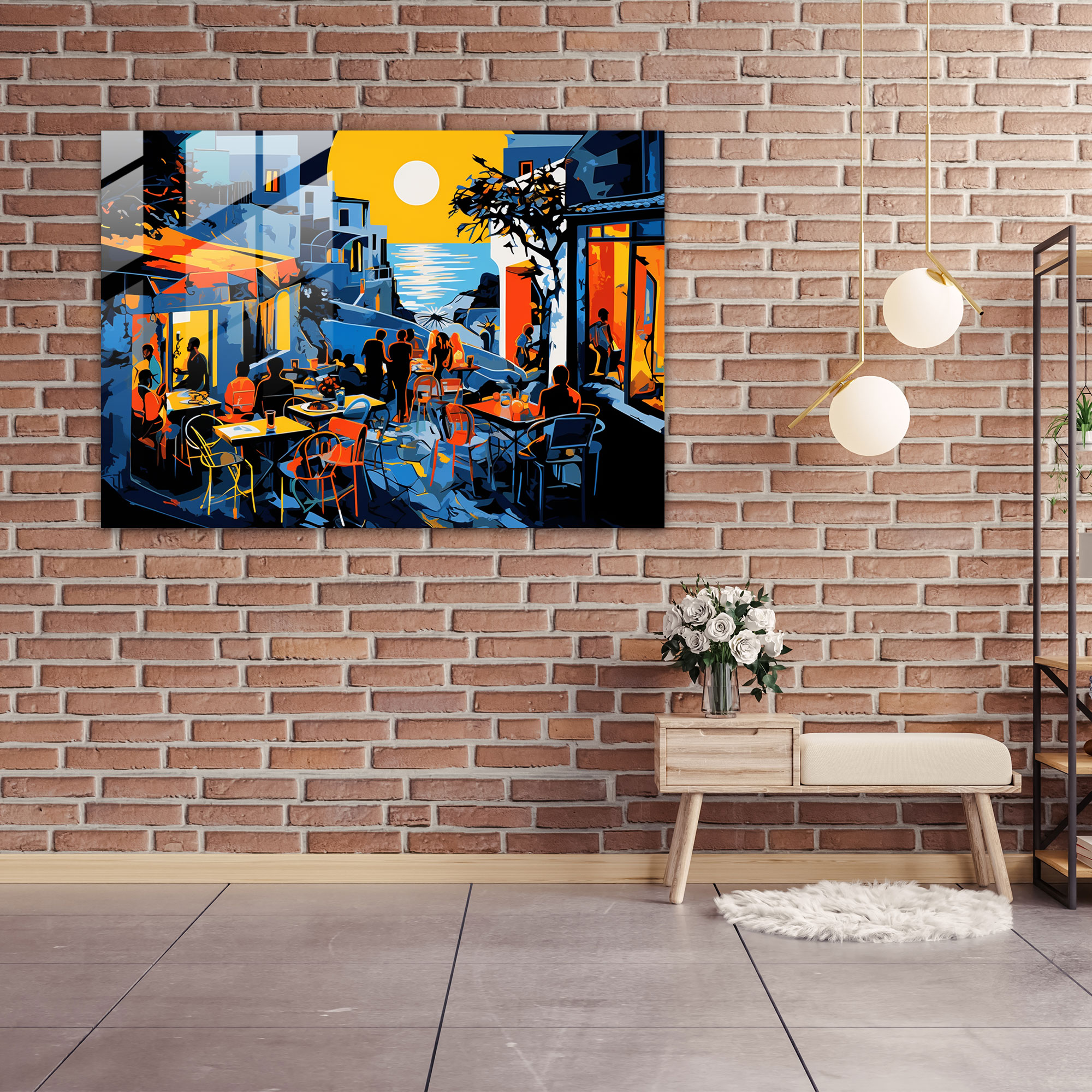Santorini Pop Art Illustration Glass Print - Santorini, Bold And Energetic Colors, Glass Art, Vibrant Nightlife