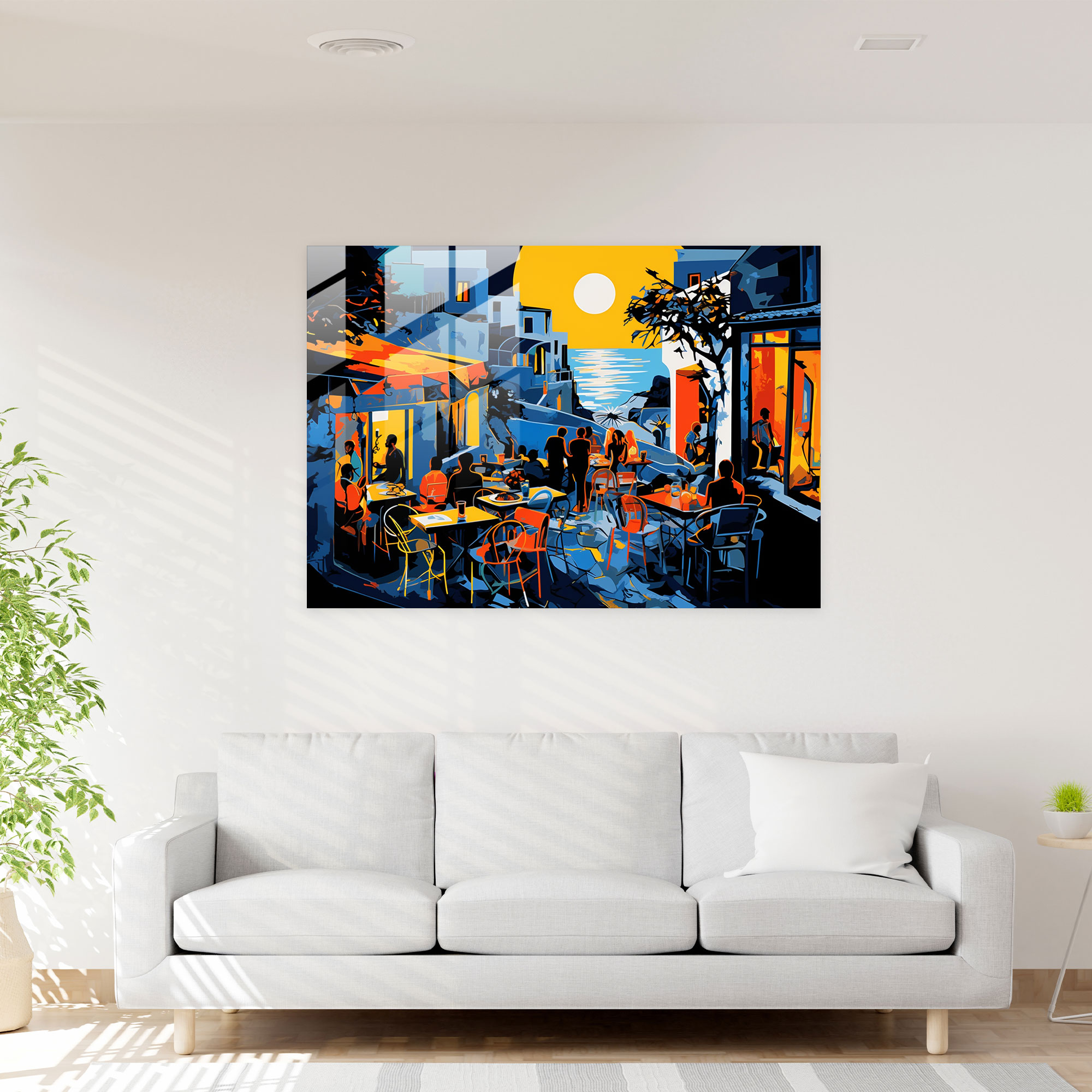 Santorini Pop Art Illustration Glass Print - Santorini, Bold And Energetic Colors, Glass Art, Vibrant Nightlife