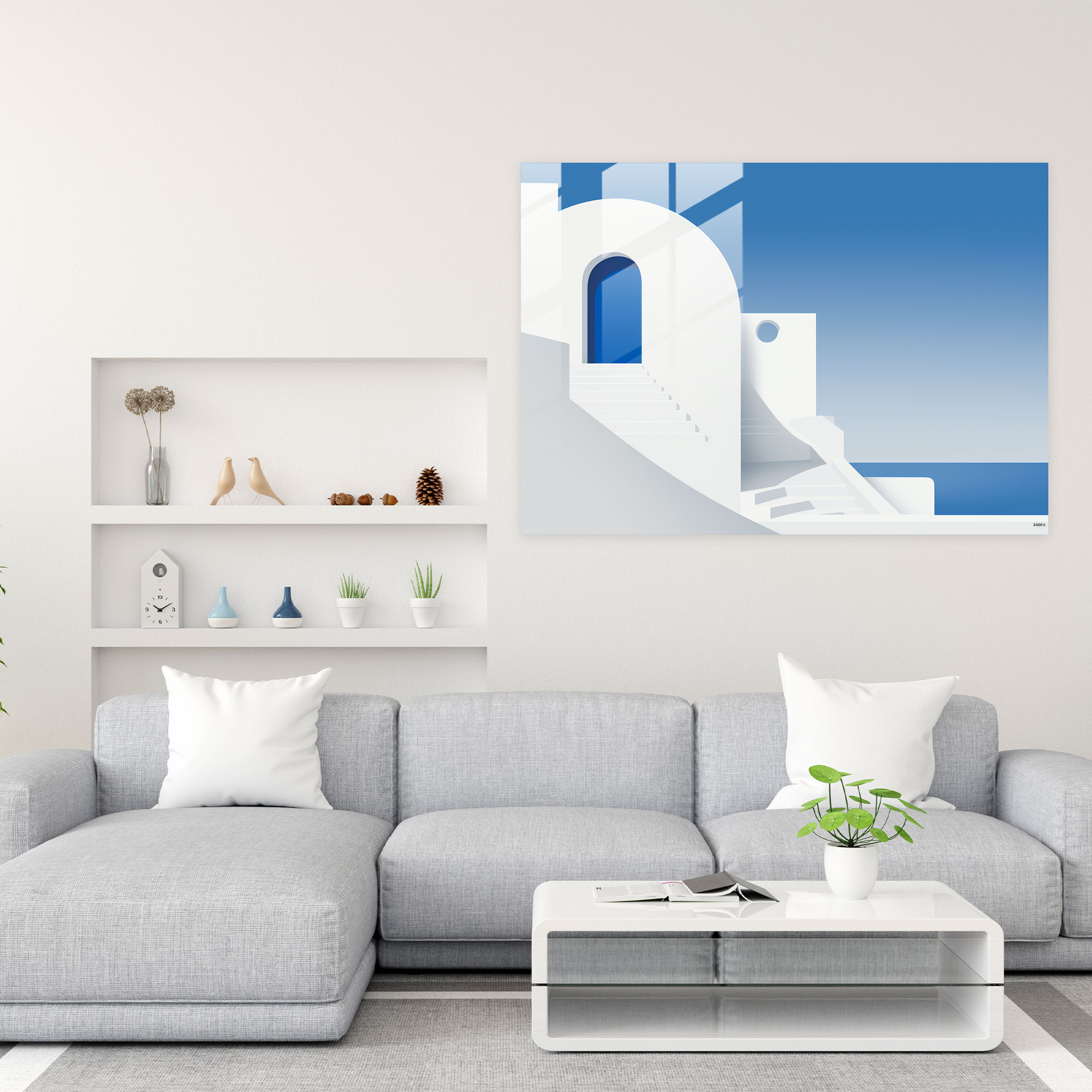 Santorini Minimalistisches Grafik Glasbild - Zuhause Dekoration Grafikdesign