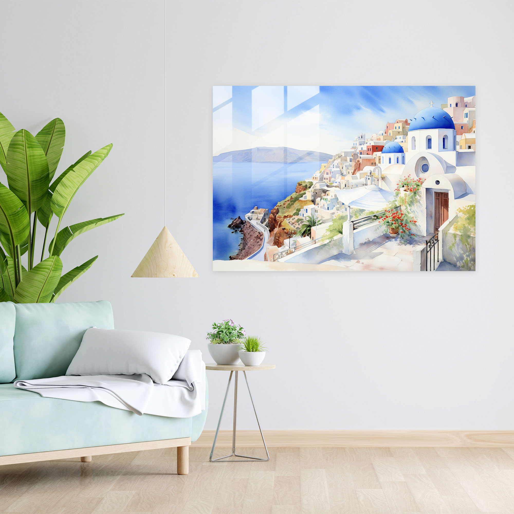 Santorini Aquarell Gemälde Glasbild - Moderne Kunst Klippen-Dörfer