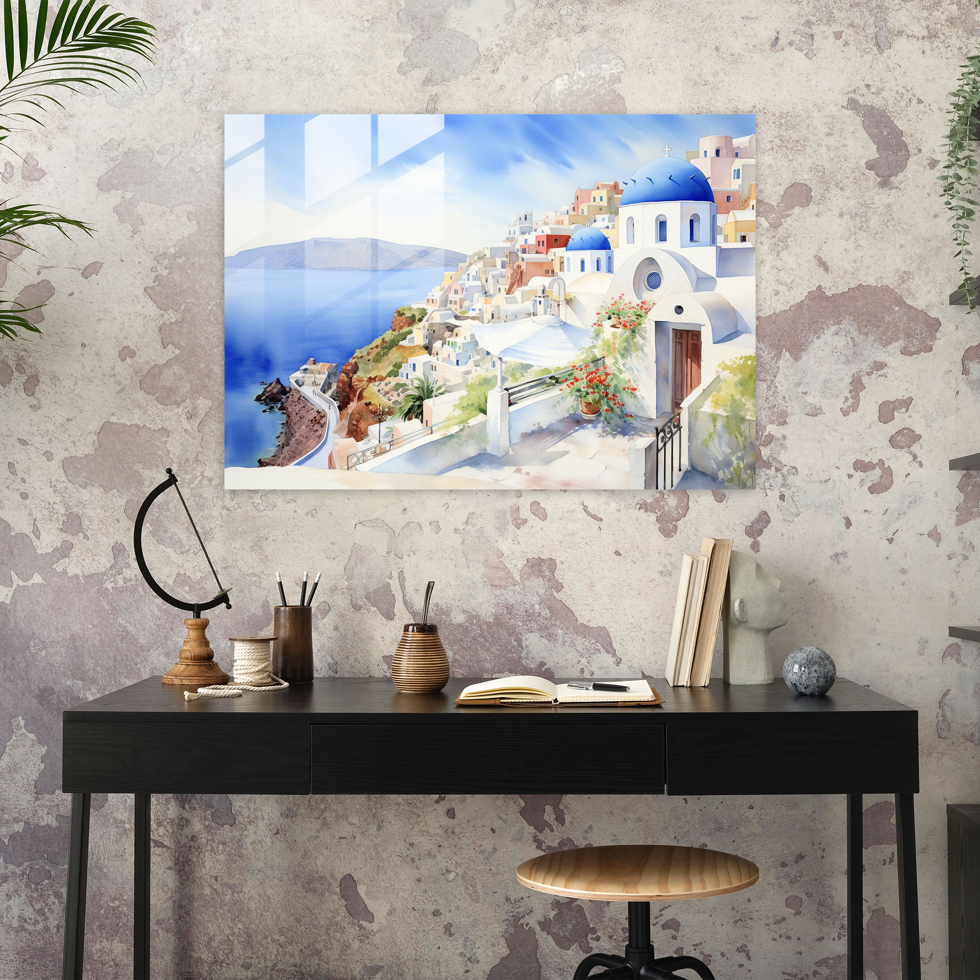 Santorini Aquarell Gemälde Glasbild - Moderne Kunst Klippen-Dörfer