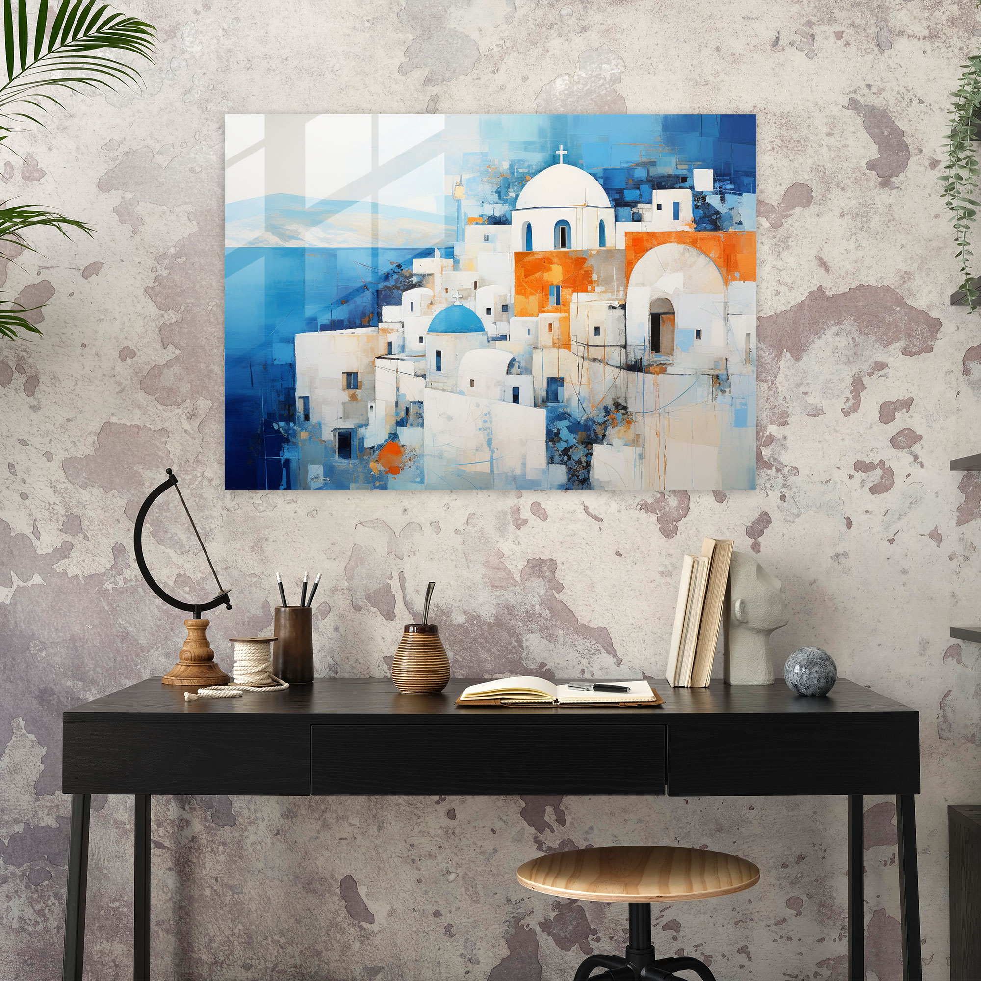 Santorini Mixed Media Glass Print - Santorini, Santorini, Home Decoration, Abstract Elements
