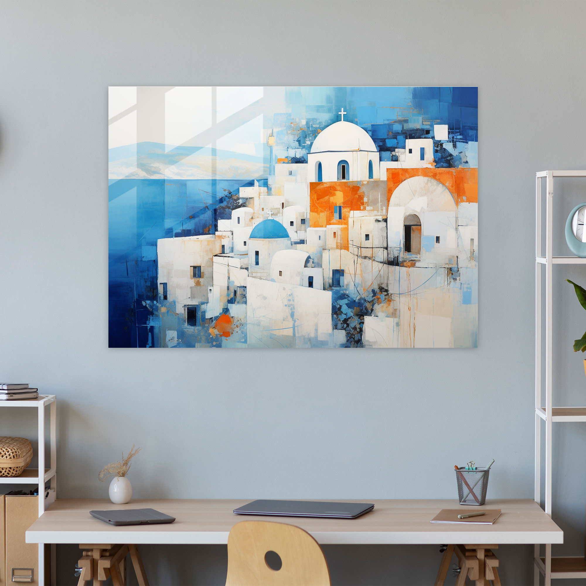 Santorini Mixed Media Glass Print - Santorini, Santorini, Home Decoration, Abstract Elements