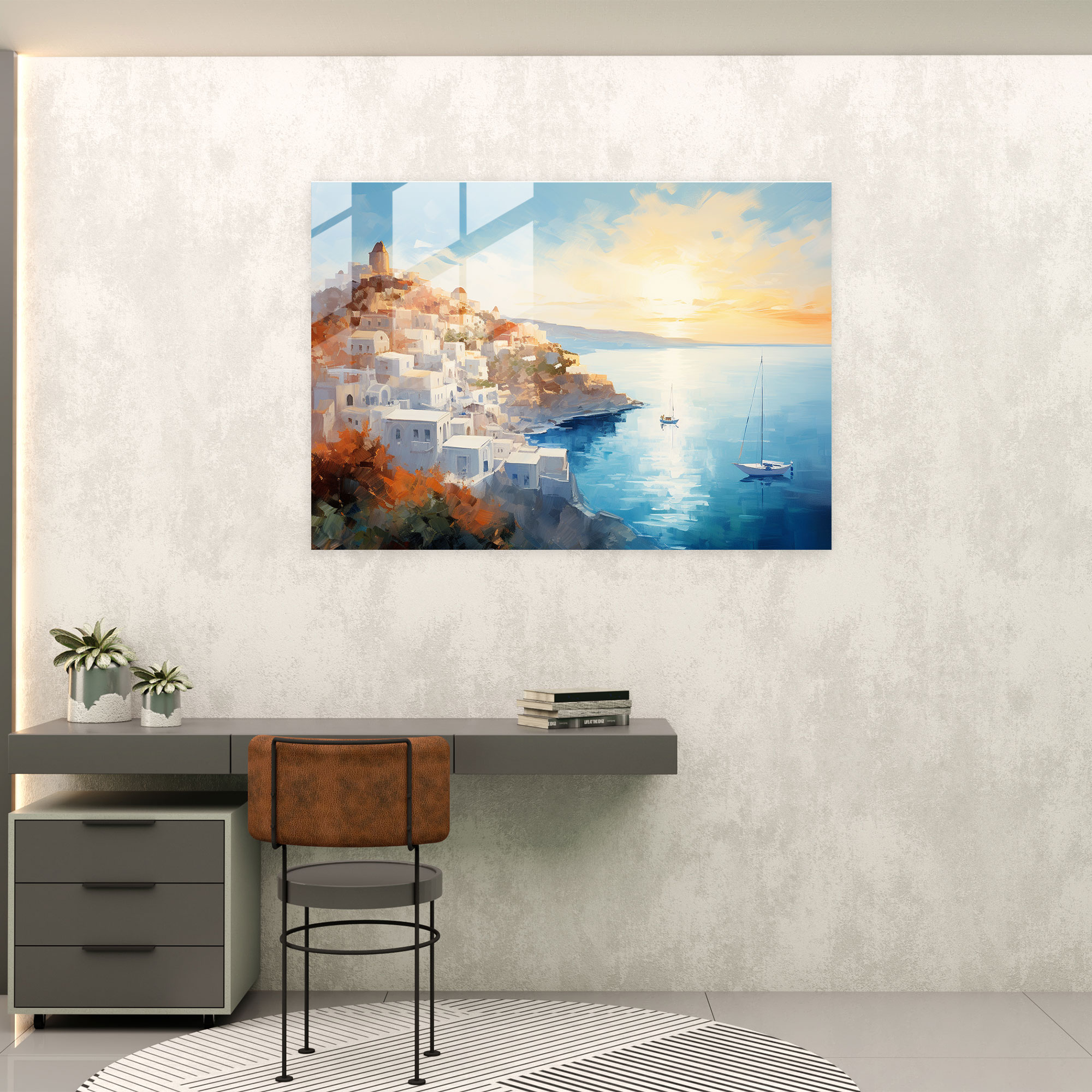 Santorini Glass Print - Impressionist Glass Wall Art - Santorini, Home Decoration, Wall Decoration, Santorini