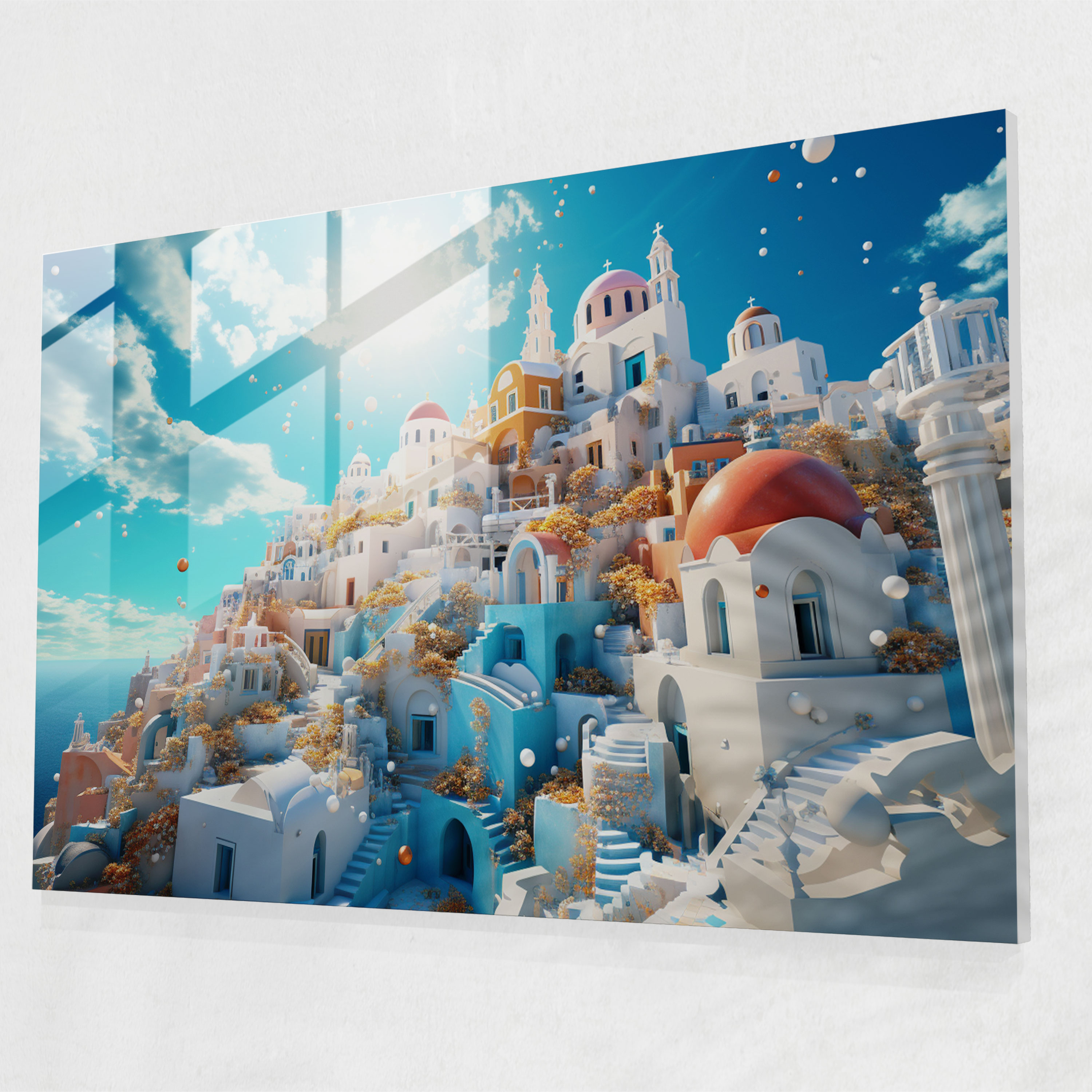 Santorini Glass Print - Surreal Glass Wall Art - Santorini, Glass Art, Santorini, Glass Print