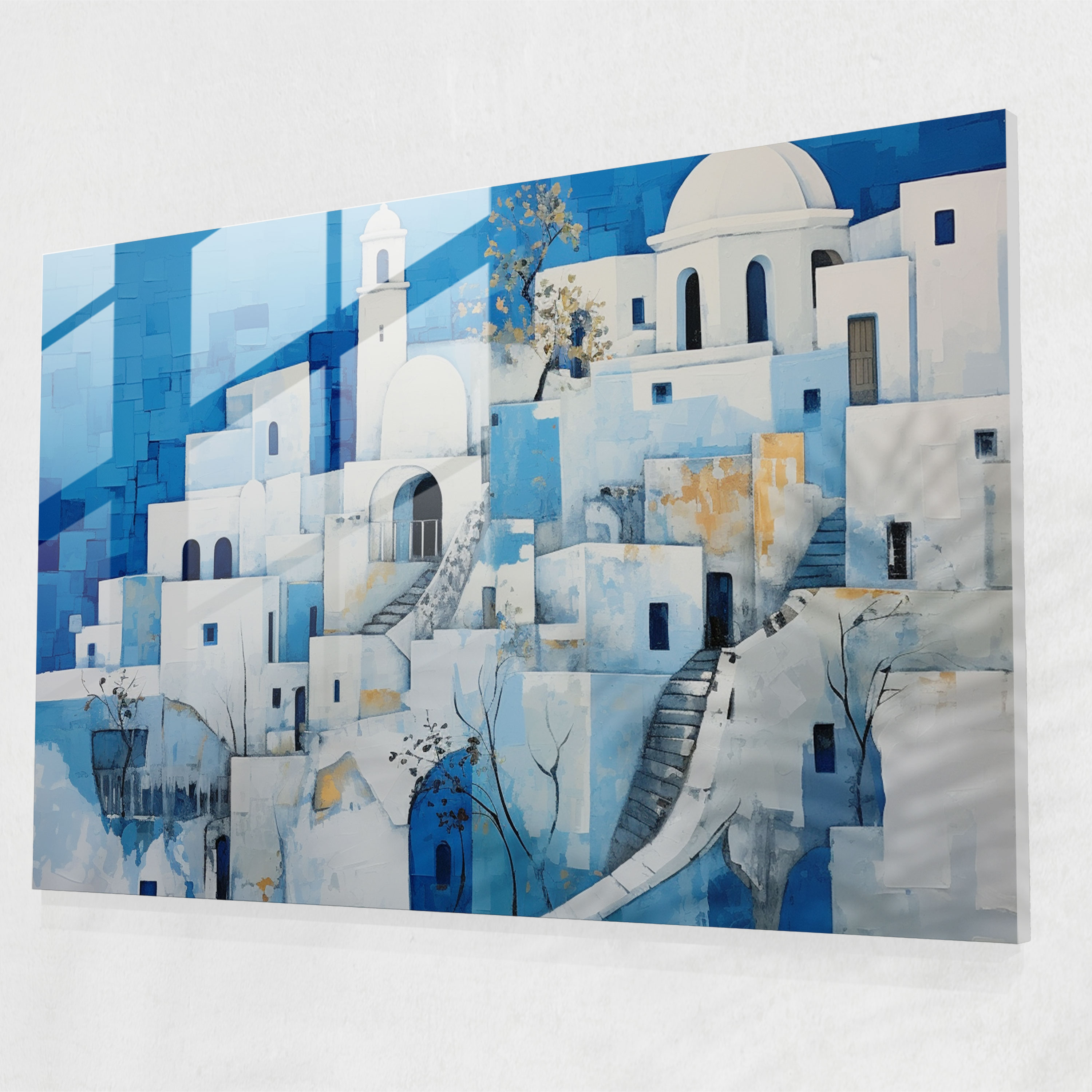 Santorini Glass Print - Contemporary Glass Wall Art - Santorini, Glass Wall Art, Santorini Architecture, Glass Art