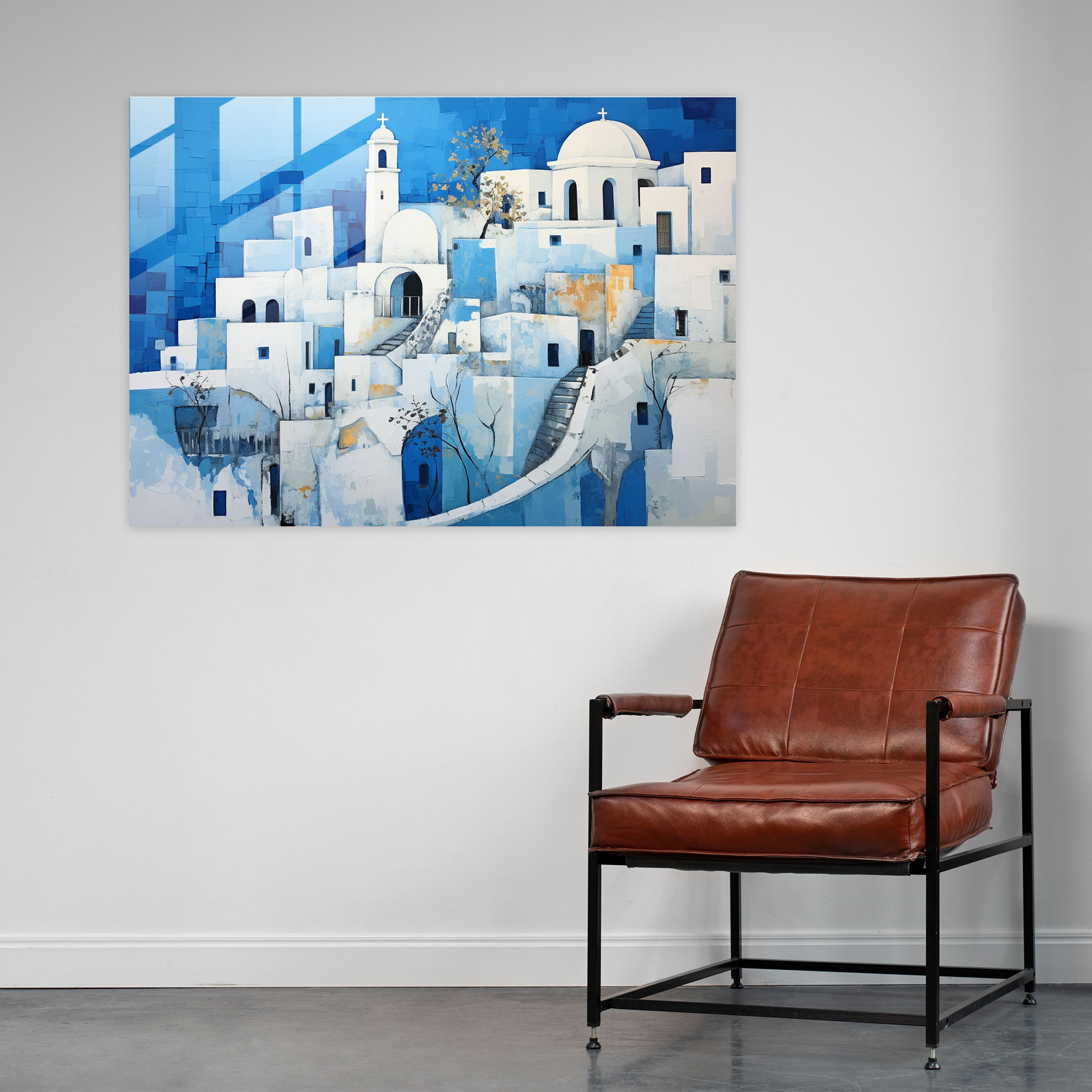Santorini Glass Print - Contemporary Glass Wall Art - Santorini, Glass Wall Art, Santorini Architecture, Glass Art
