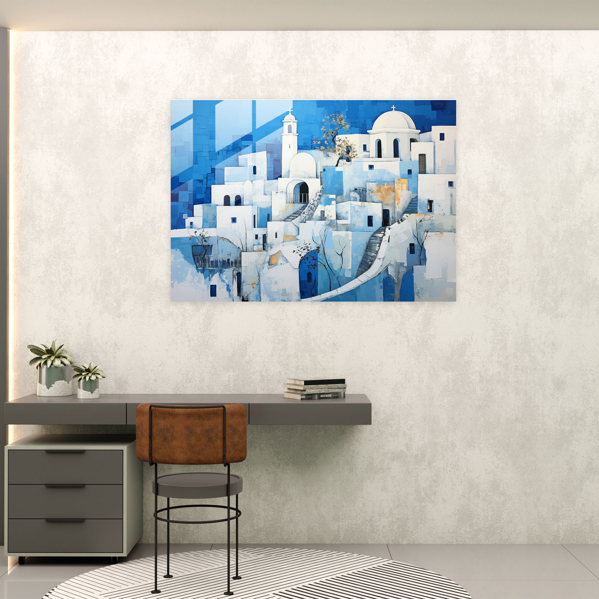 Santorini Glass Print - Contemporary Glass Wall Art - Santorini, Glass Wall Art, Santorini Architecture, Glass Art
