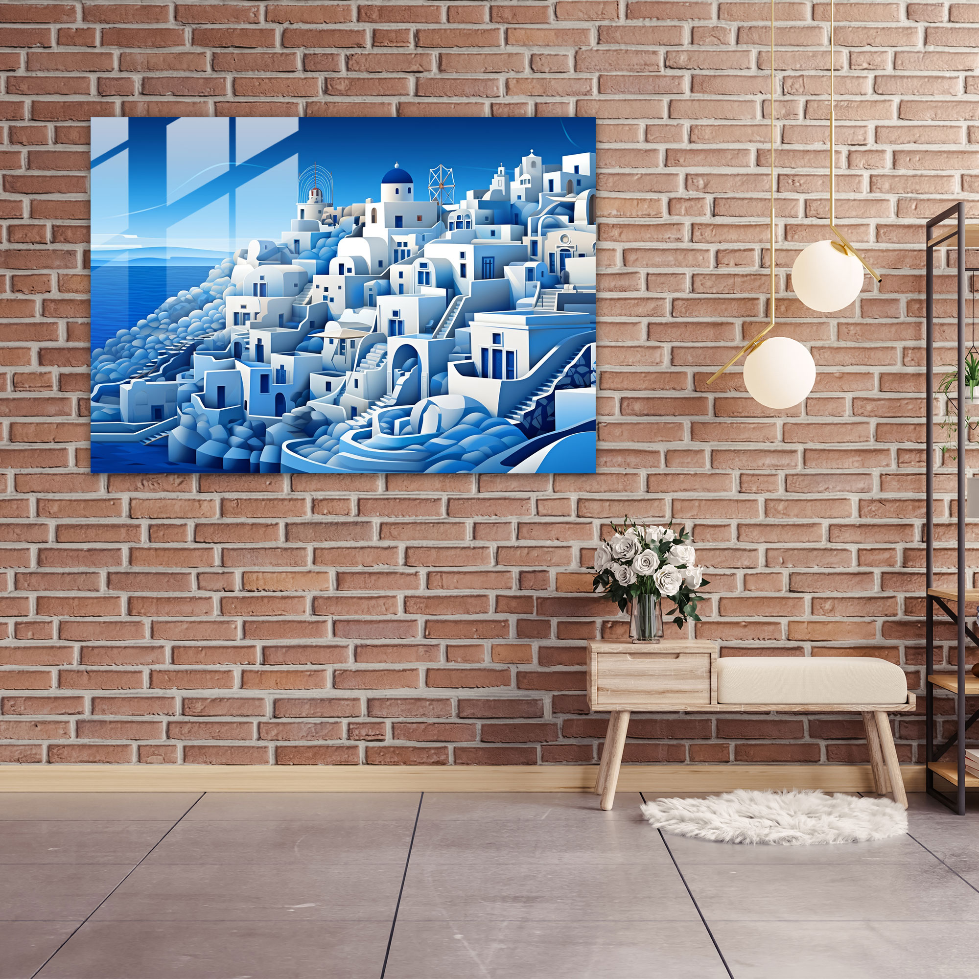 Santorini Glass Print - Geometric Glass Wall Art - Santorini, Modern Art, Santorini, Glass Art