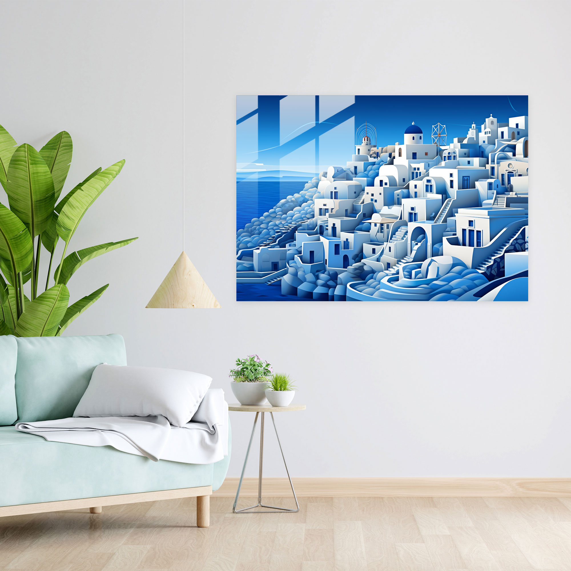 Santorini Glass Print - Geometric Glass Wall Art - Santorini, Modern Art, Santorini, Glass Art