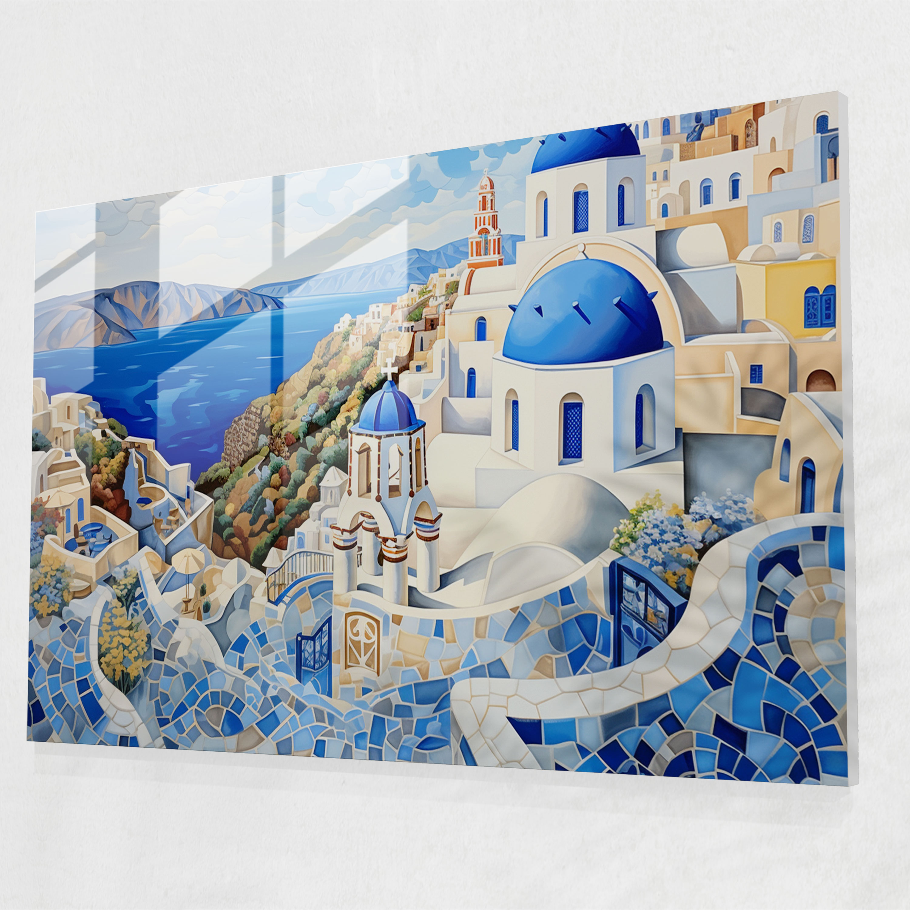 Santorini Glass Print - Mosaic Glass Wall Art - Santorini, Mosaic-Inspired Artwork, Wall Decoration, Modern Art