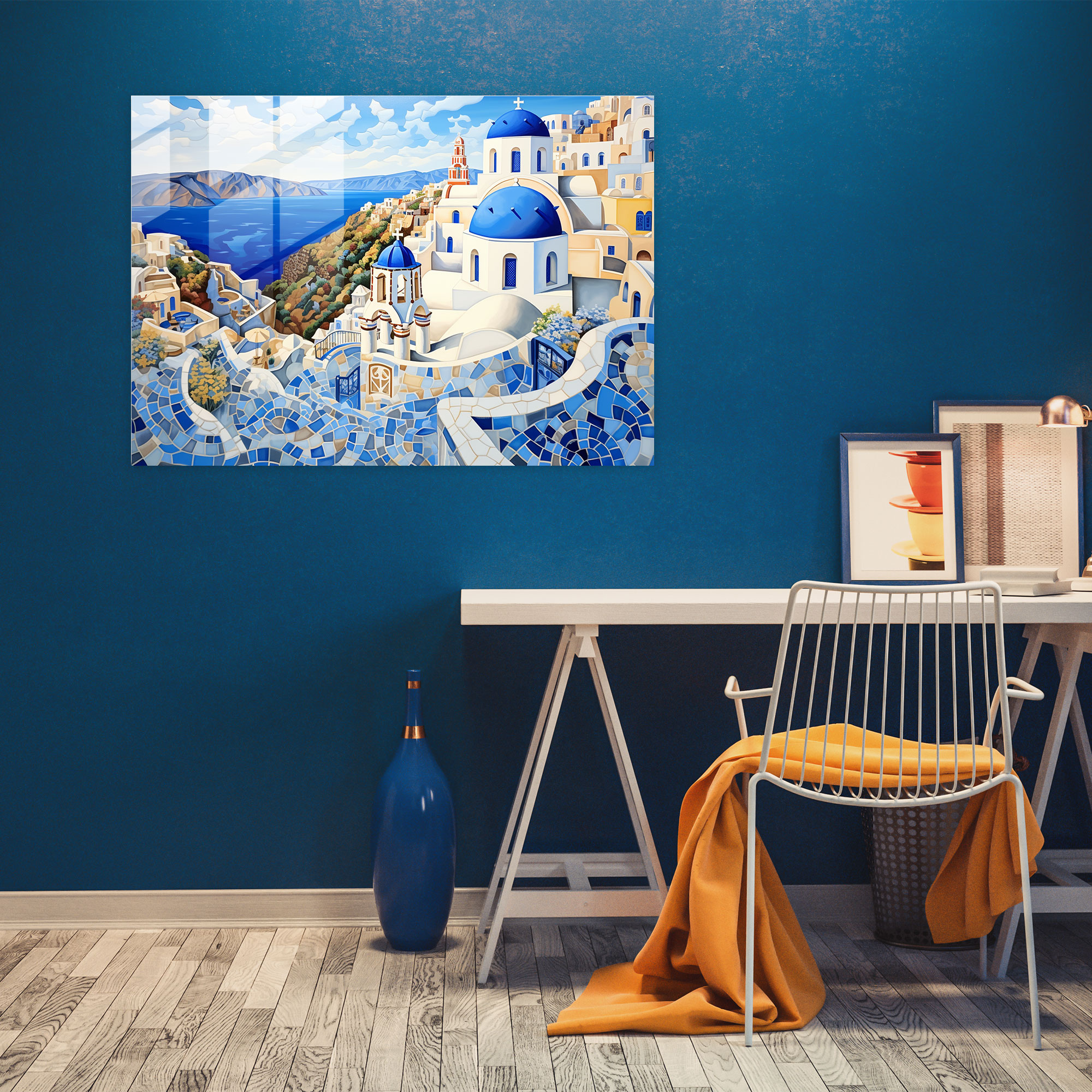 Santorini Glass Print - Mosaic Glass Wall Art - Santorini, Mosaic-Inspired Artwork, Wall Decoration, Modern Art