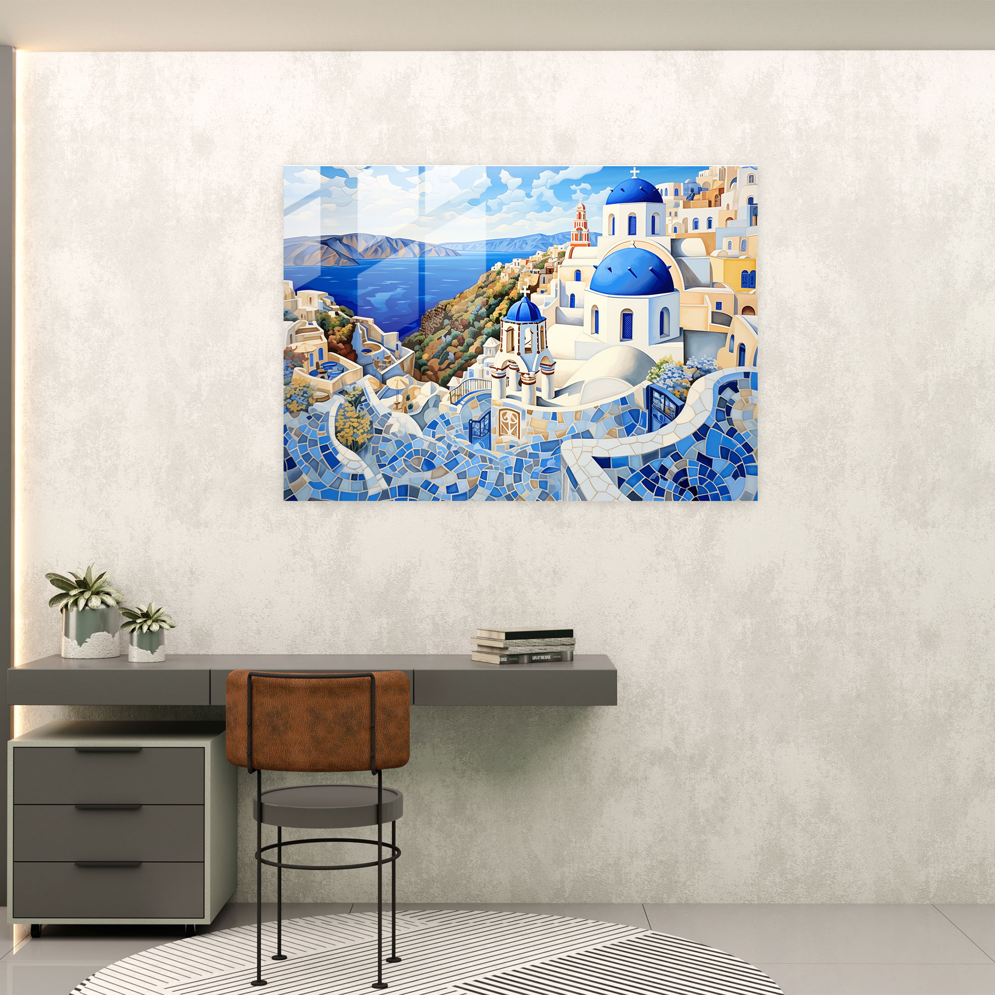 Santorini Glass Print - Mosaic Glass Wall Art - Santorini, Mosaic-Inspired Artwork, Wall Decoration, Modern Art